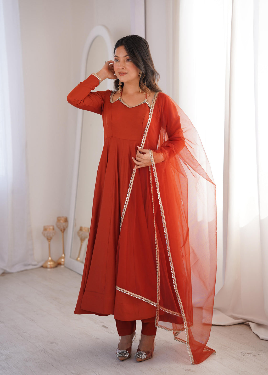 Rust Roman Silk Chanderi Anarkali Suit Set Mirror Lace Work Festive Wear