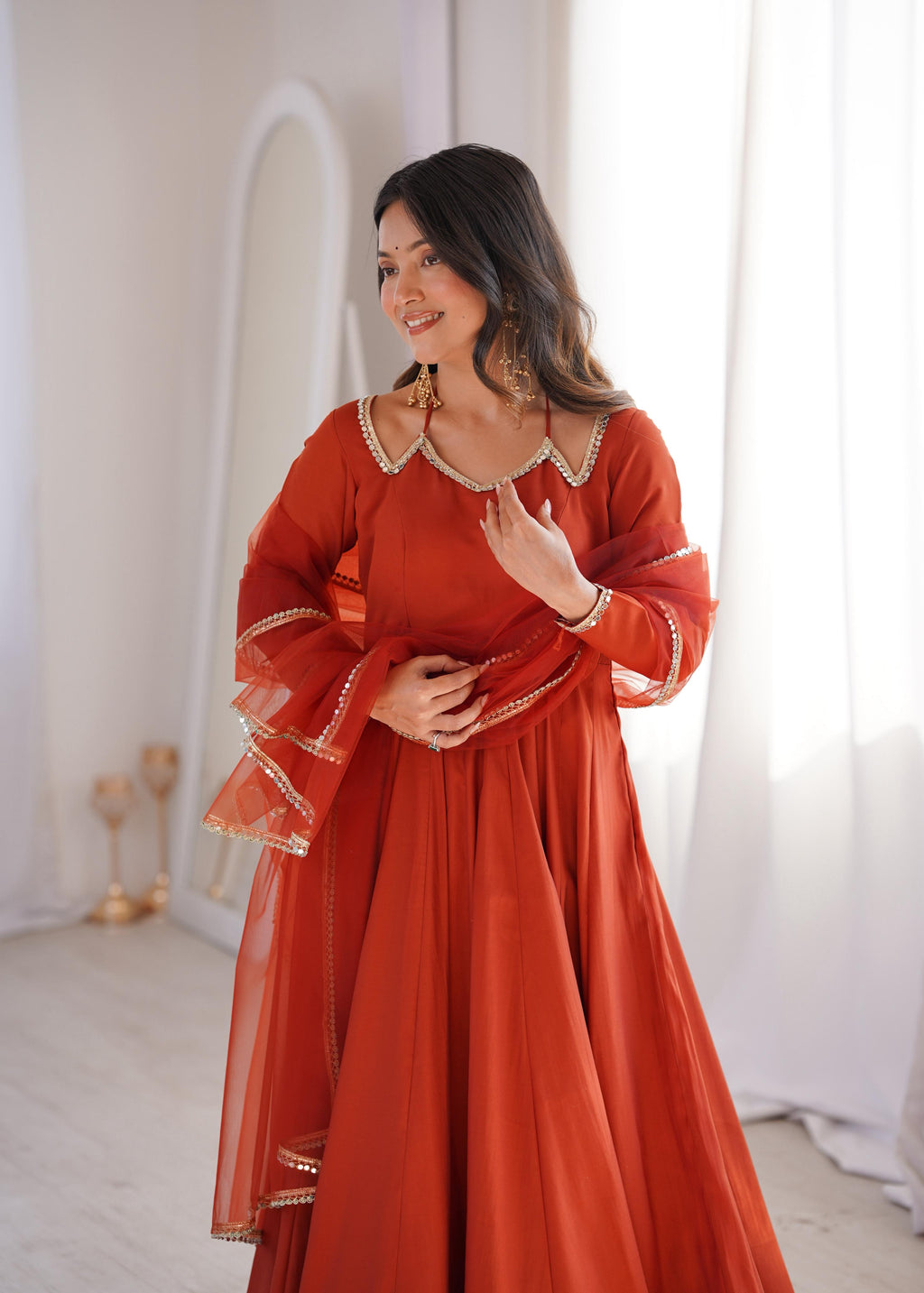 Rust Roman Silk Chanderi Anarkali Suit Set Mirror Lace Work Festive Wear