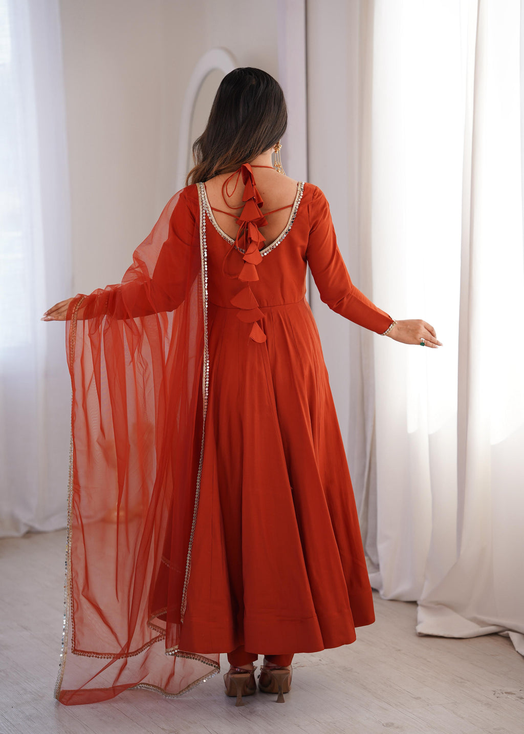 Rust Roman Silk Chanderi Anarkali Suit Set Mirror Lace Work Festive Wear