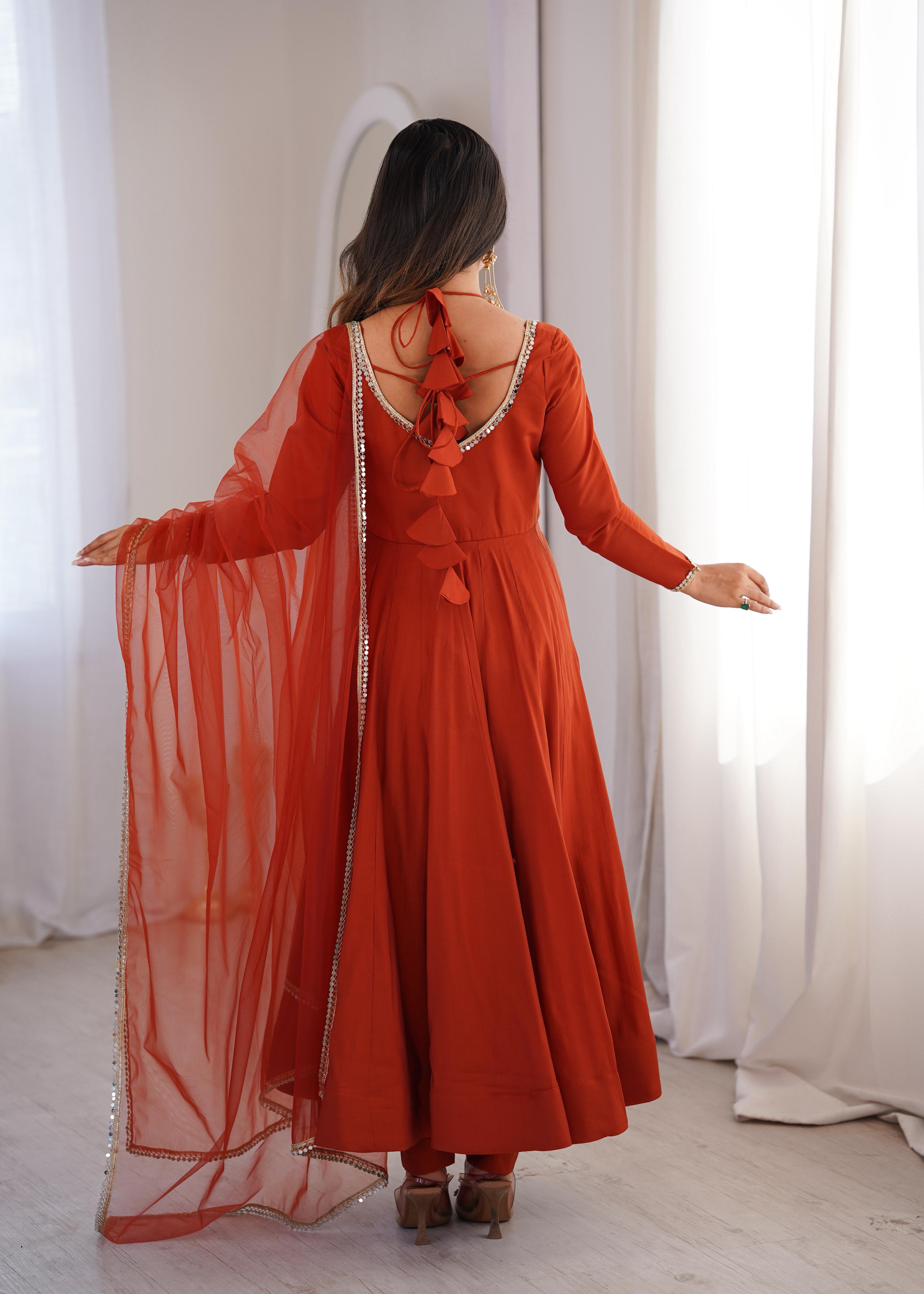 Rust Roman Silk Chanderi Anarkali Suit Set Mirror Lace Work Festive Wear
