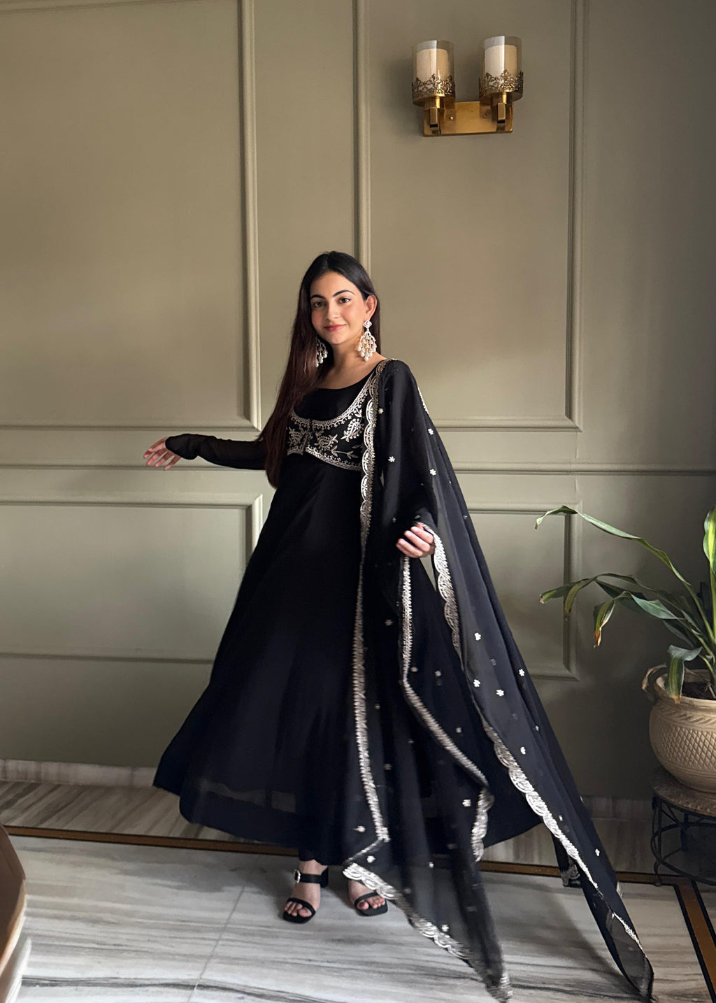 Black Pure Fox Georgette Anarkali Suit Set With Embroidery Work