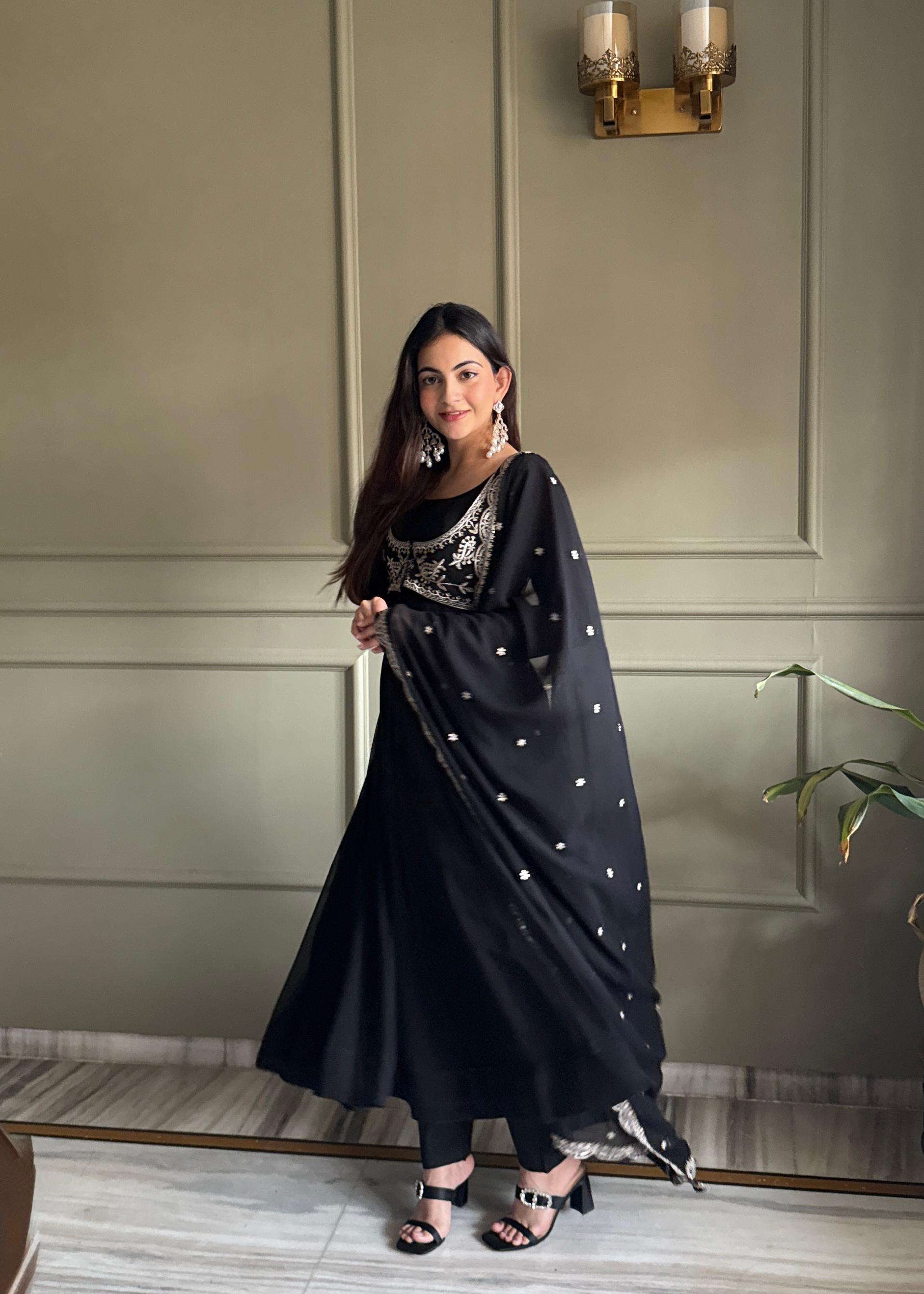 Black Pure Fox Georgette Anarkali Suit Set With Embroidery Work