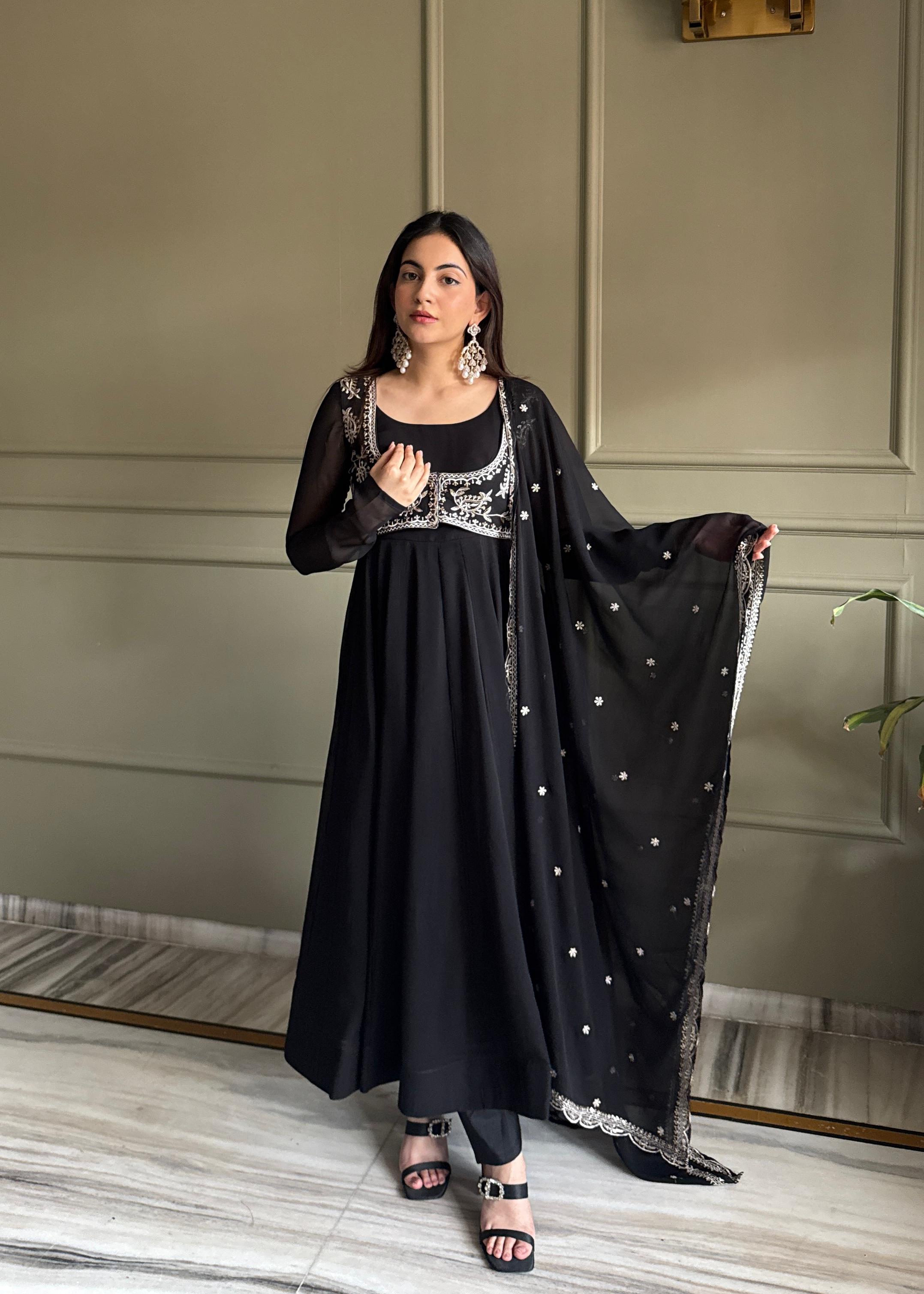 Black Pure Fox Georgette Anarkali Suit Set With Embroidery Work