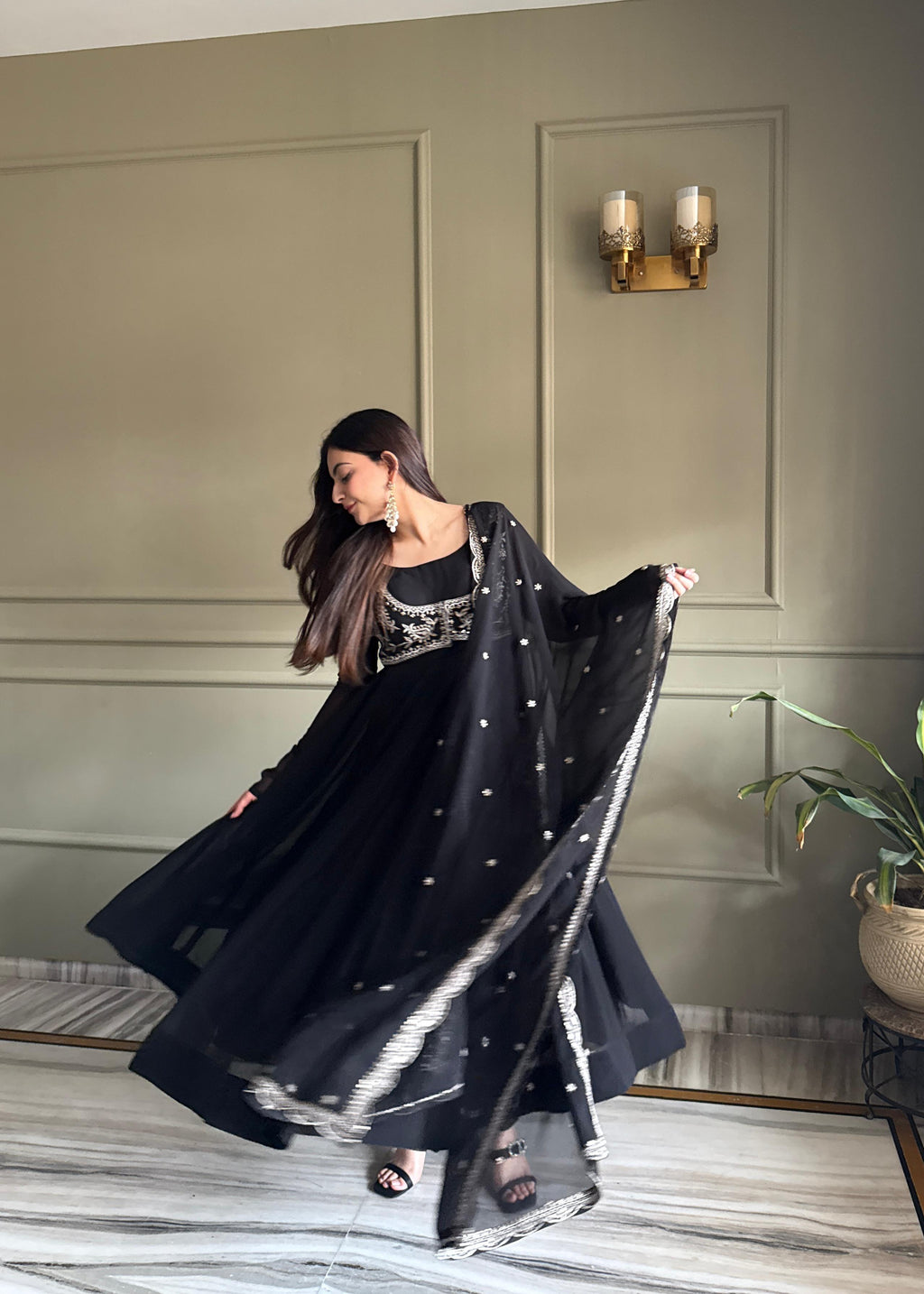 Black Pure Fox Georgette Anarkali Suit Set With Embroidery Work