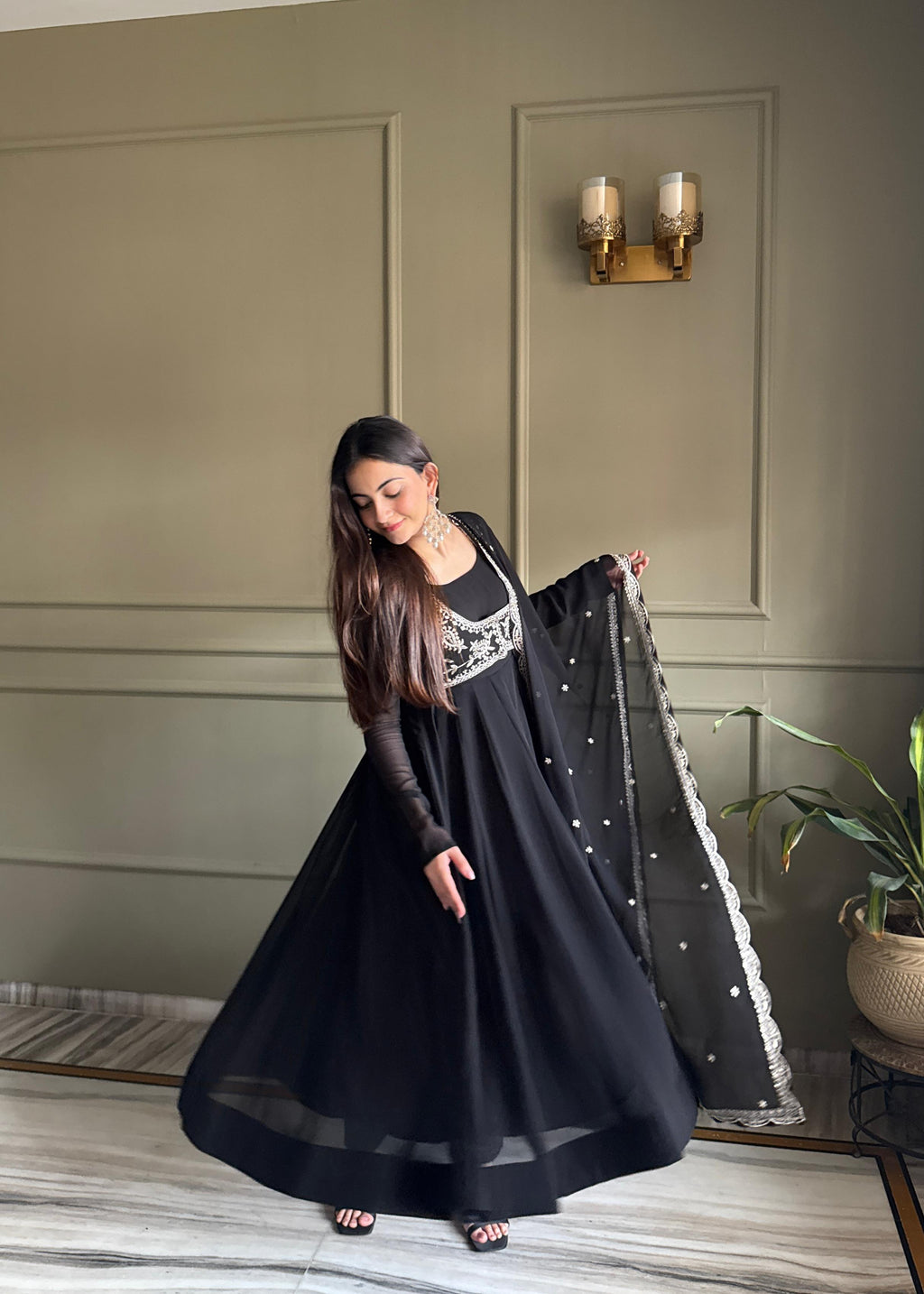 Black Pure Fox Georgette Anarkali Suit Set With Embroidery Work