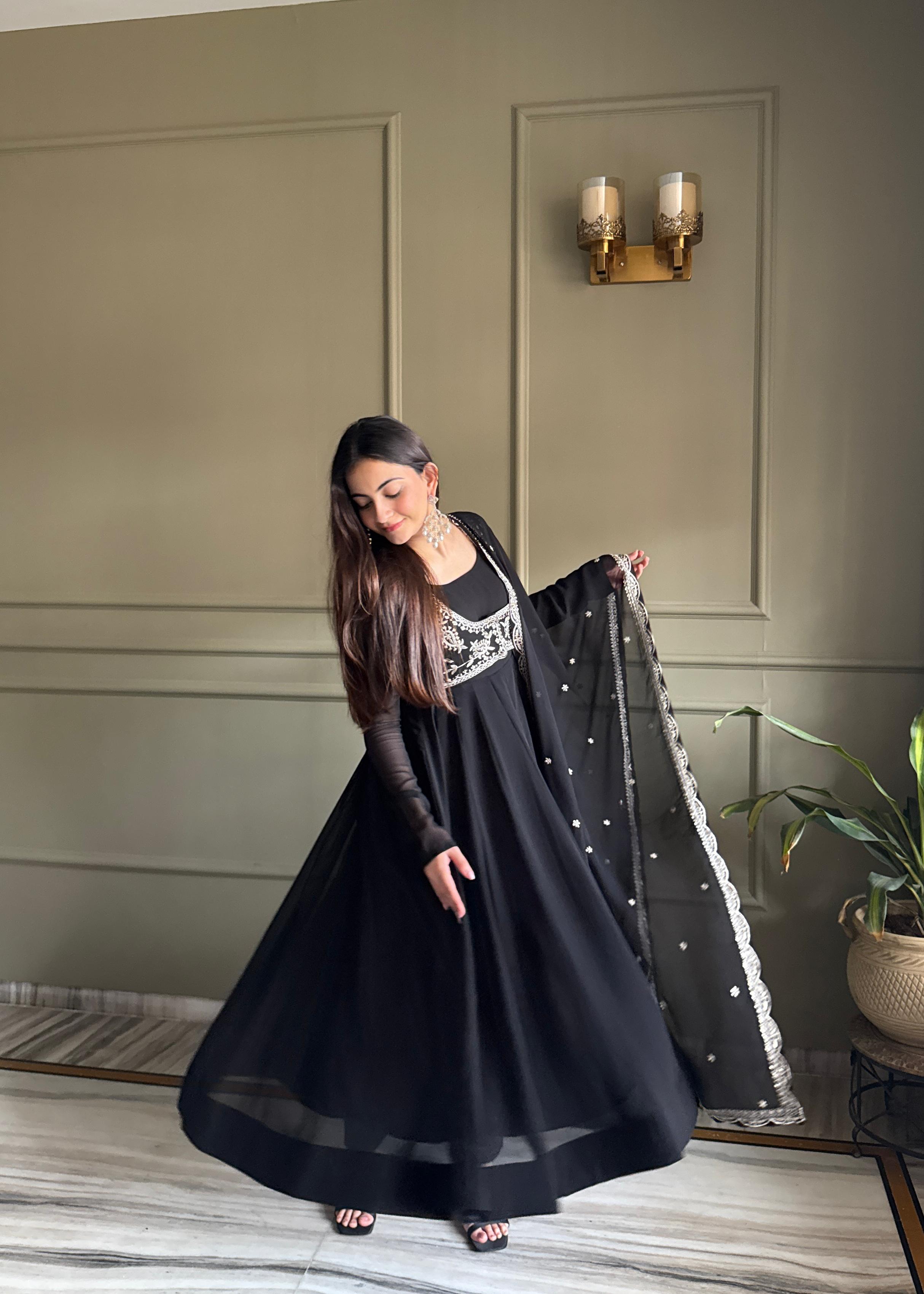 Black Pure Fox Georgette Anarkali Suit Set With Embroidery Work