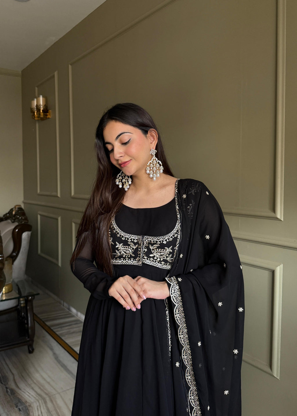 Black Pure Fox Georgette Anarkali Suit Set With Embroidery Work