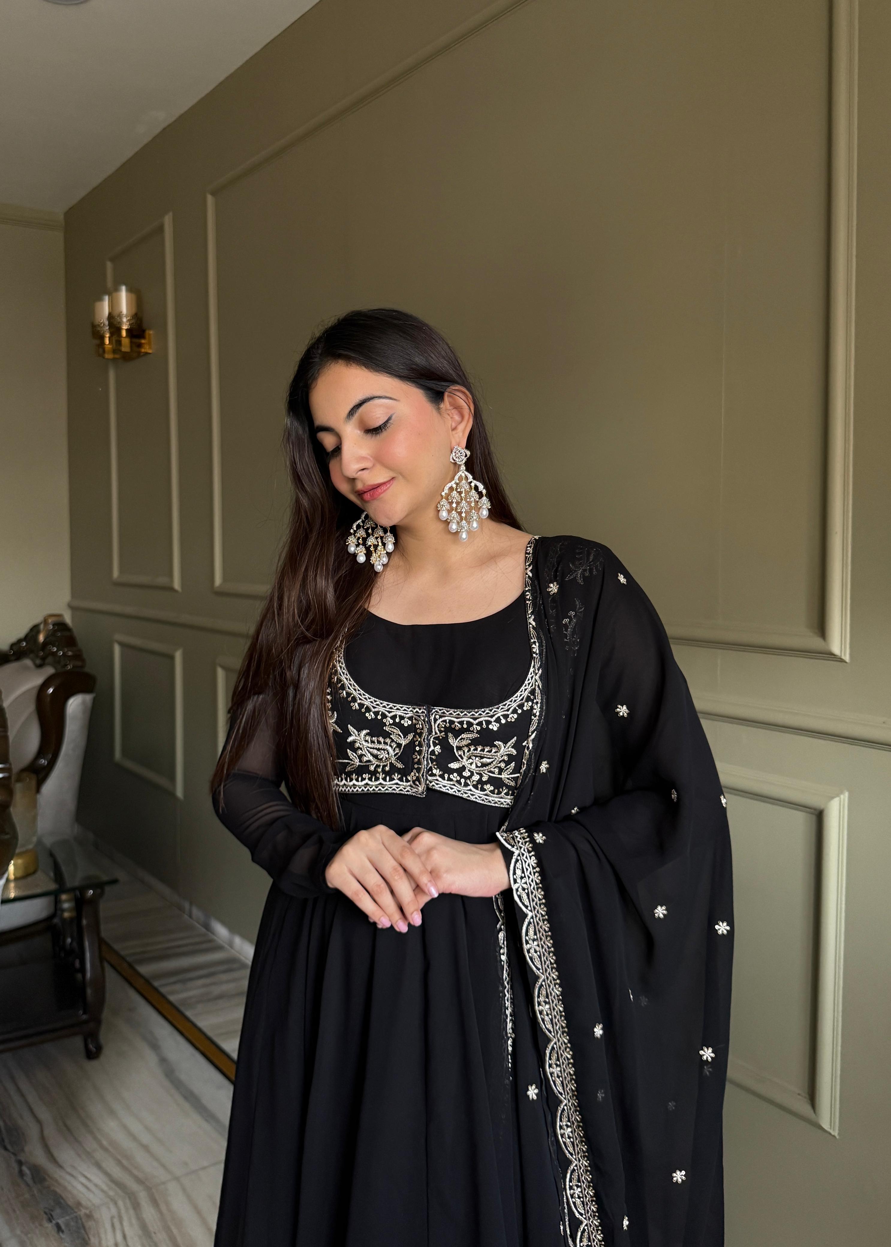 Black Pure Fox Georgette Anarkali Suit Set With Embroidery Work