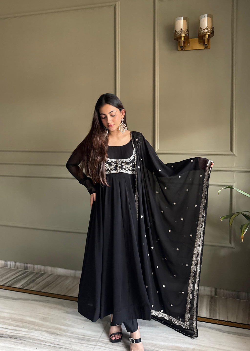 Black Pure Fox Georgette Anarkali Suit Set With Embroidery Work