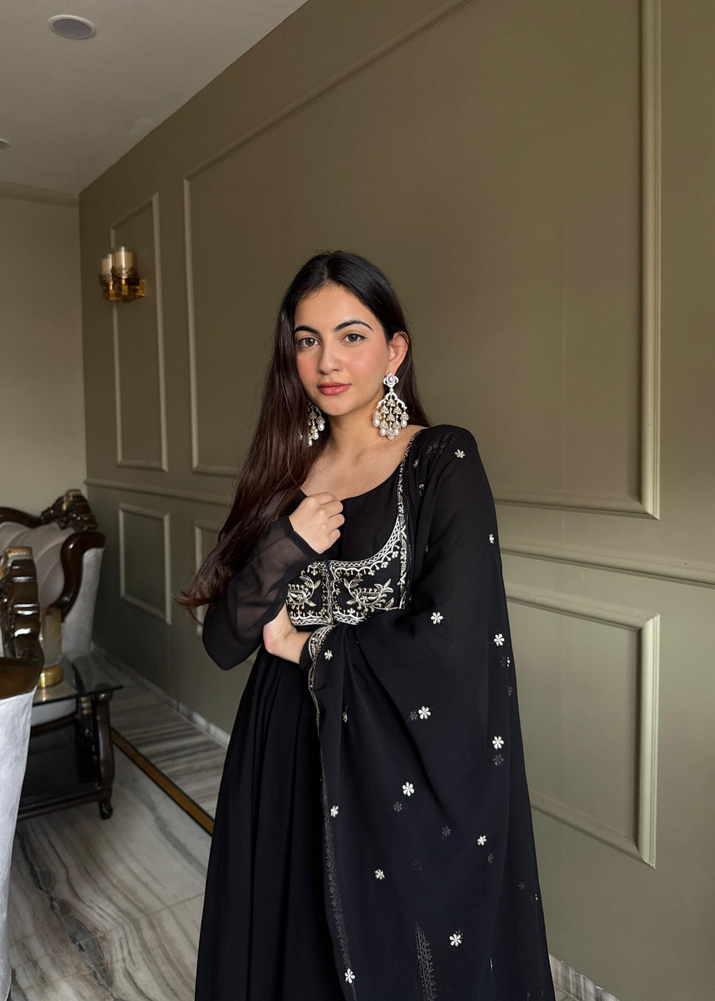 Black Pure Fox Georgette Anarkali Suit Set With Embroidery Work