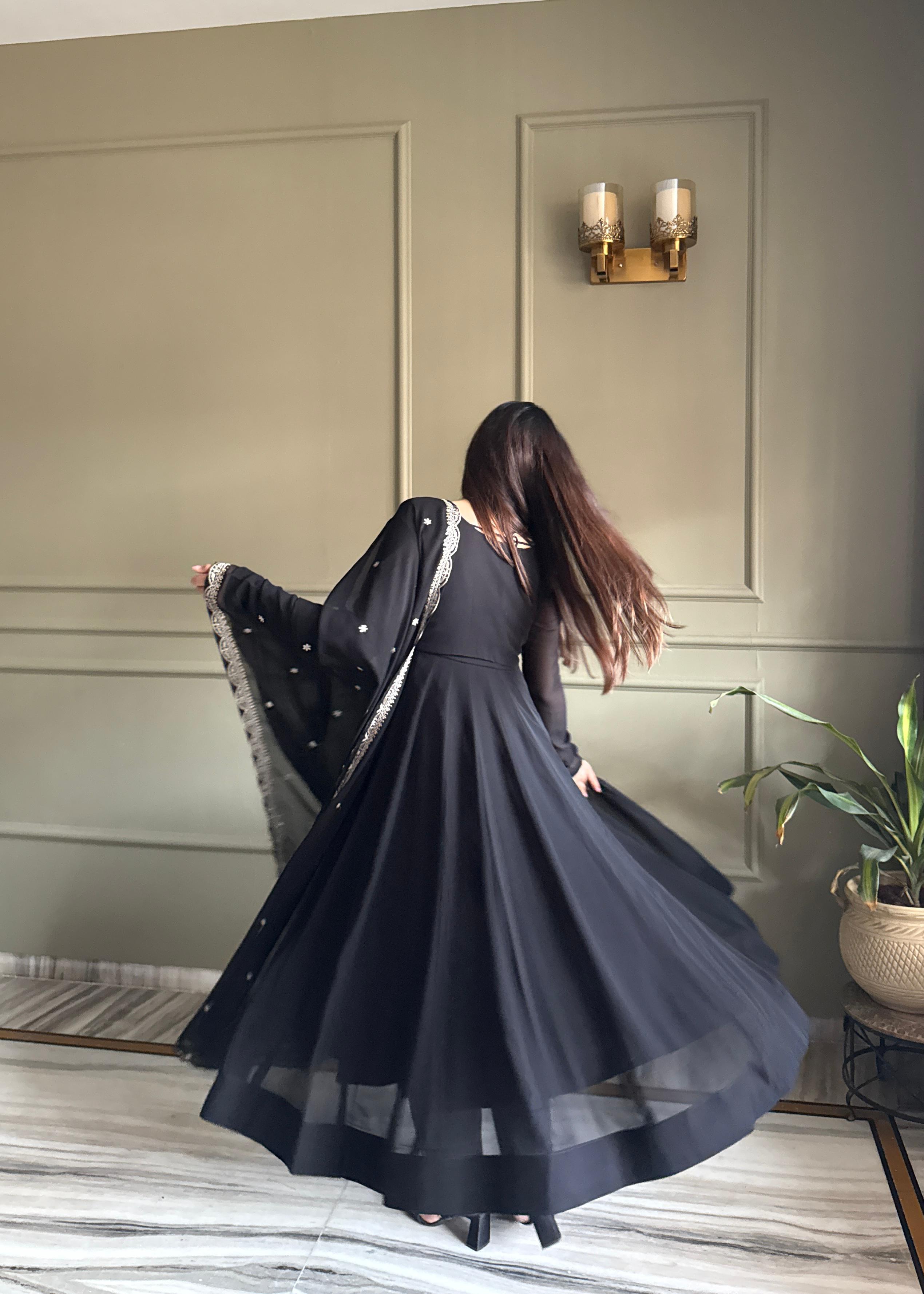 Black Pure Fox Georgette Anarkali Suit Set With Embroidery Work