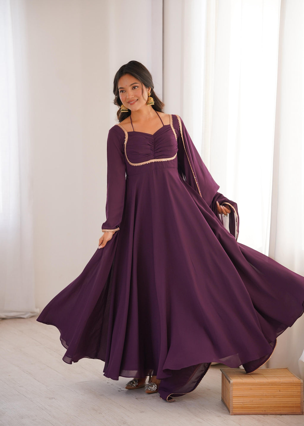 Wine Pure Georgette Anarkali Dress with Dupatta for festive occasions