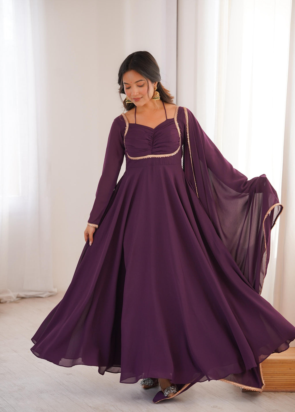 Wine Pure Georgette Anarkali Dress with Dupatta for festive occasions