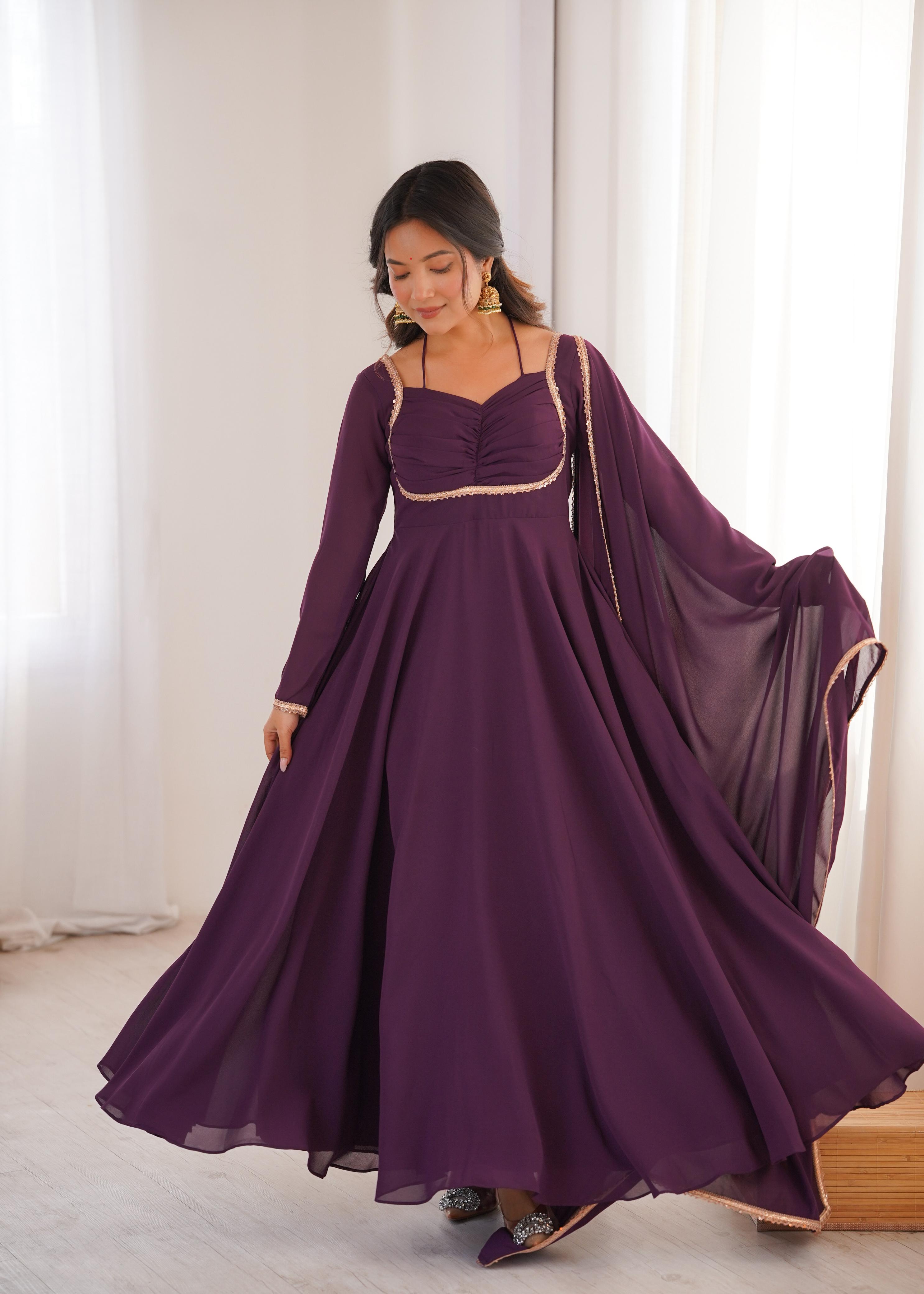 Wine Pure Georgette Anarkali Dress with Dupatta for festive occasions