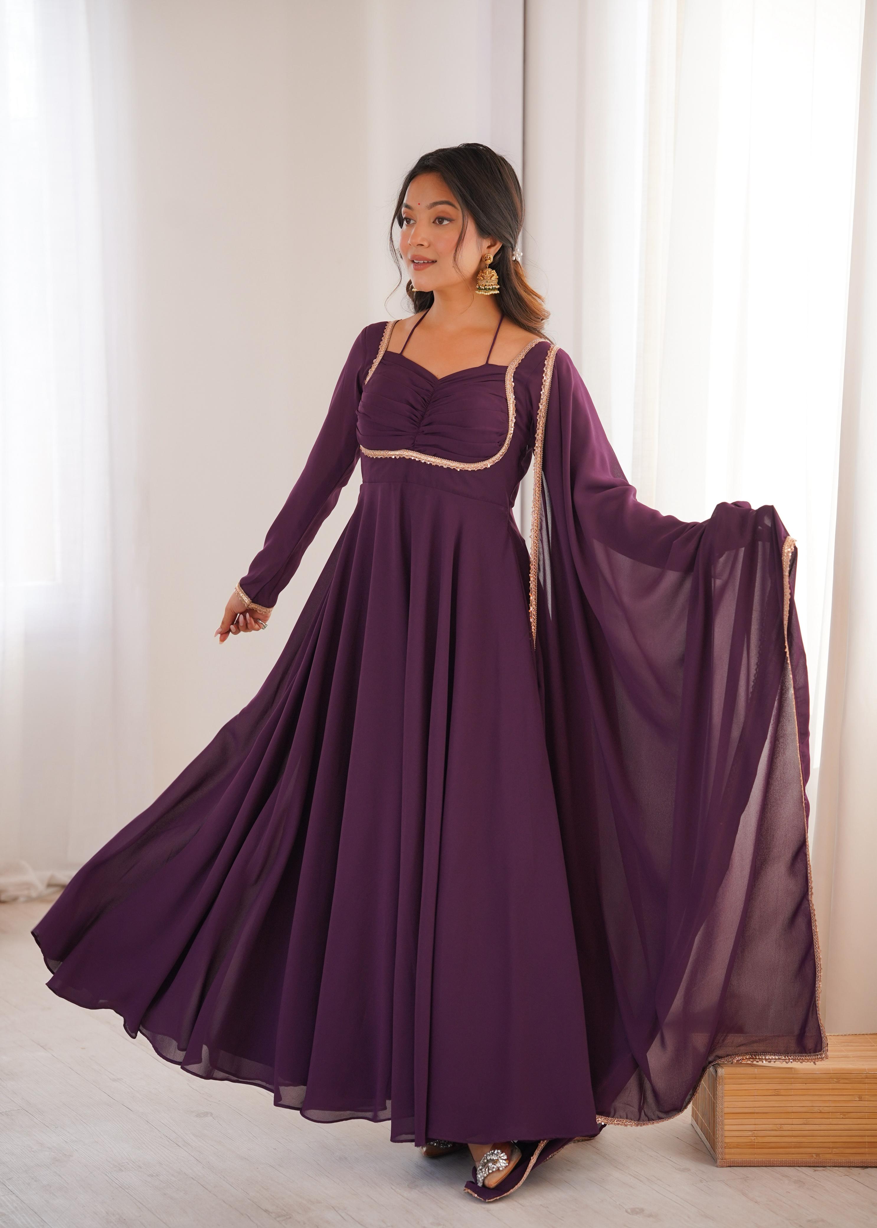 Wine Pure Georgette Anarkali Dress with Dupatta for festive occasions