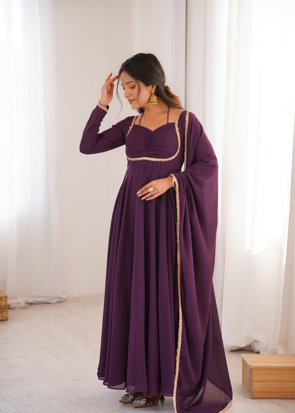 Wine Pure Georgette Anarkali Dress with Dupatta for festive occasions