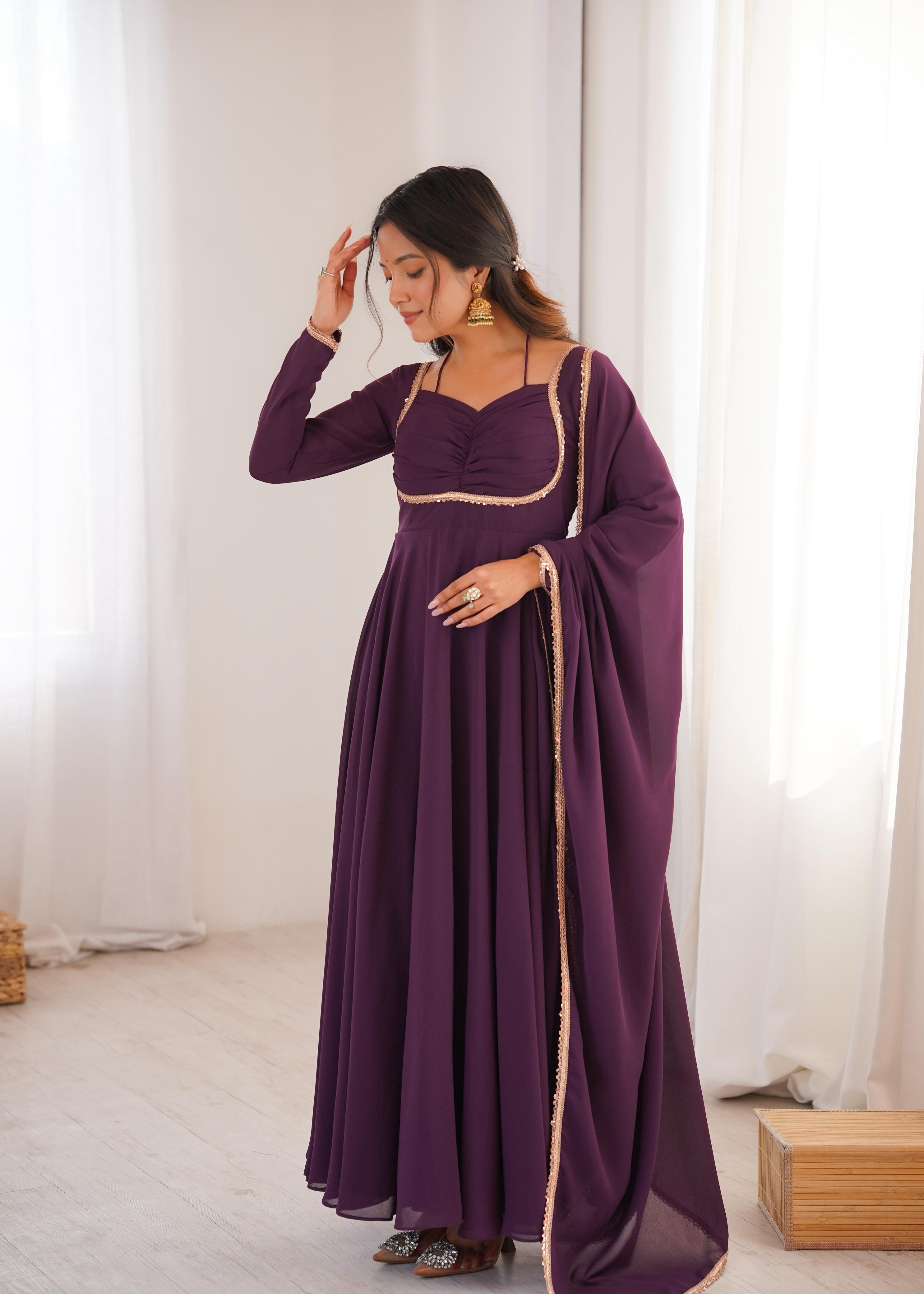 Wine Pure Georgette Anarkali Dress with Dupatta for festive occasions