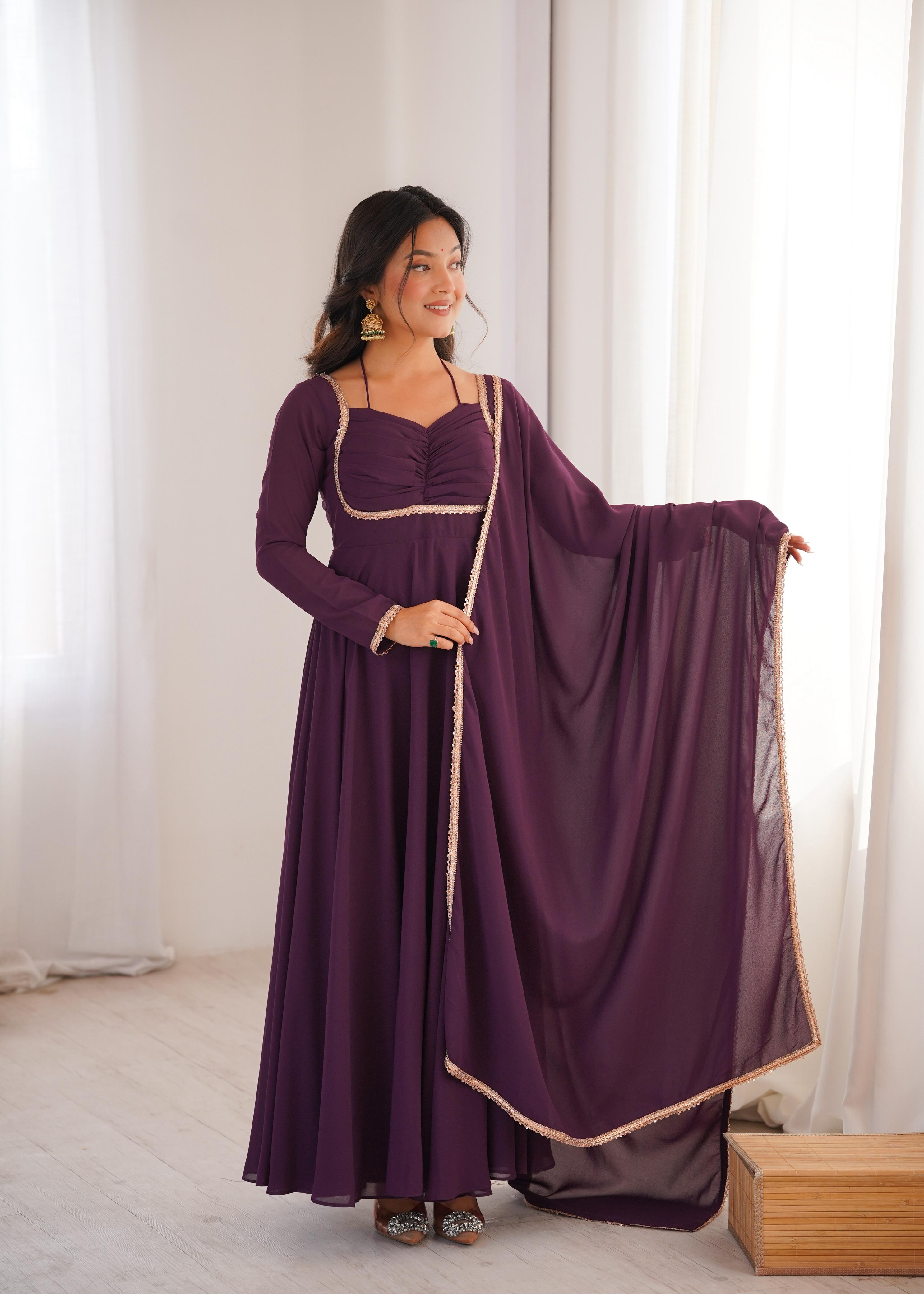Wine Pure Georgette Anarkali Dress with Dupatta for festive occasions