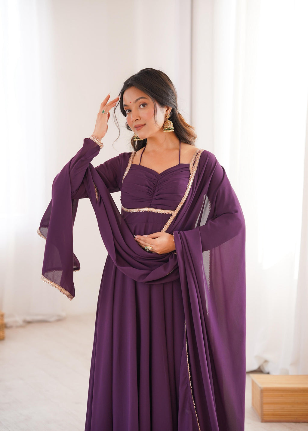 Wine Pure Georgette Anarkali Dress with Dupatta for festive occasions