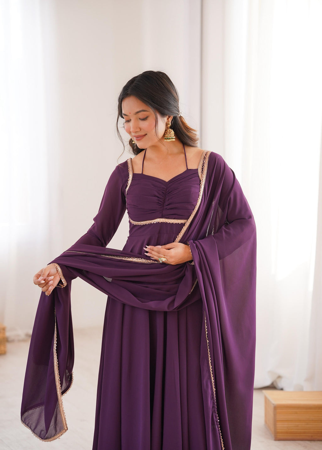 Wine Pure Georgette Anarkali Dress with Dupatta for festive occasions
