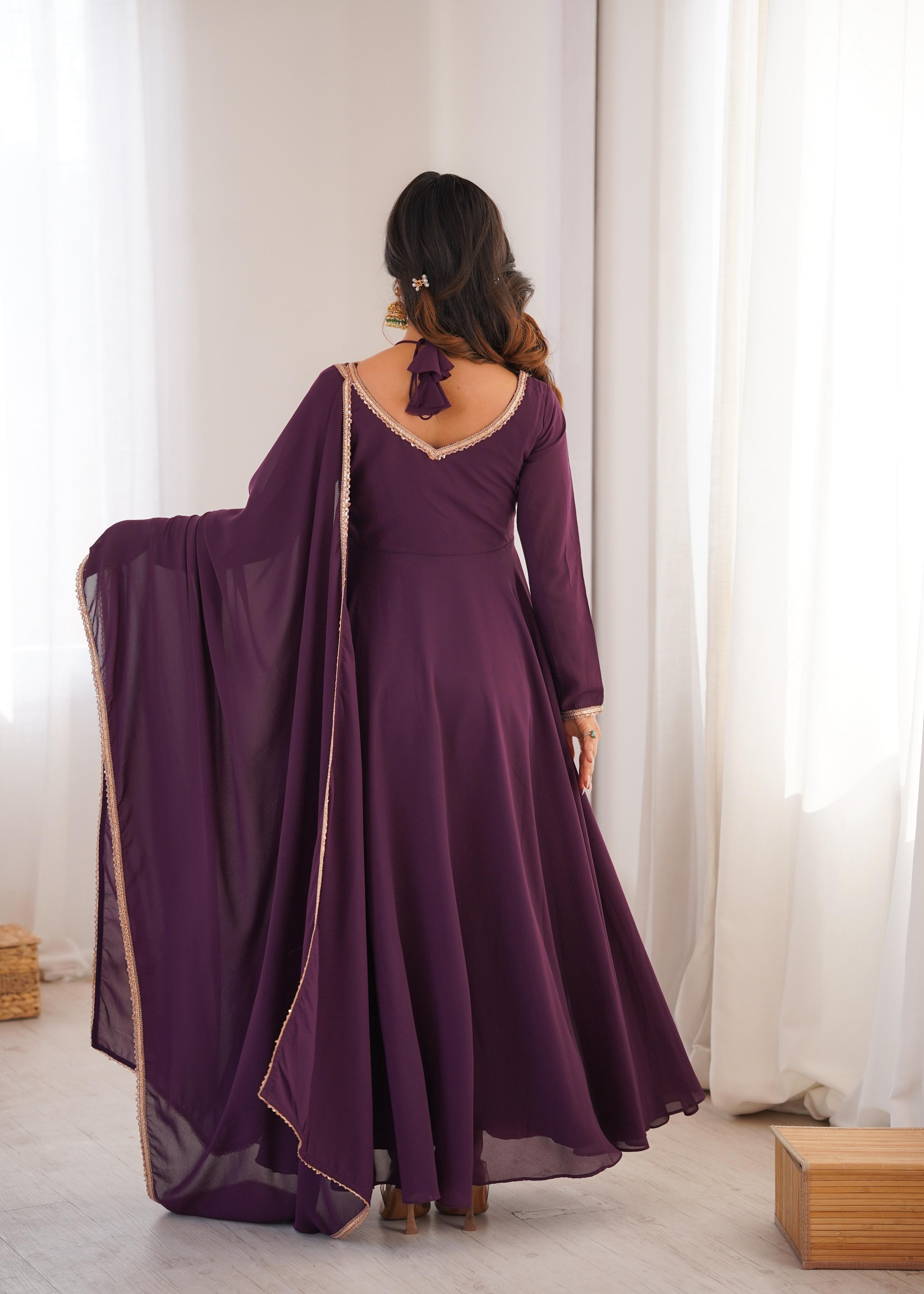 Wine Pure Georgette Anarkali Dress with Dupatta for festive occasions