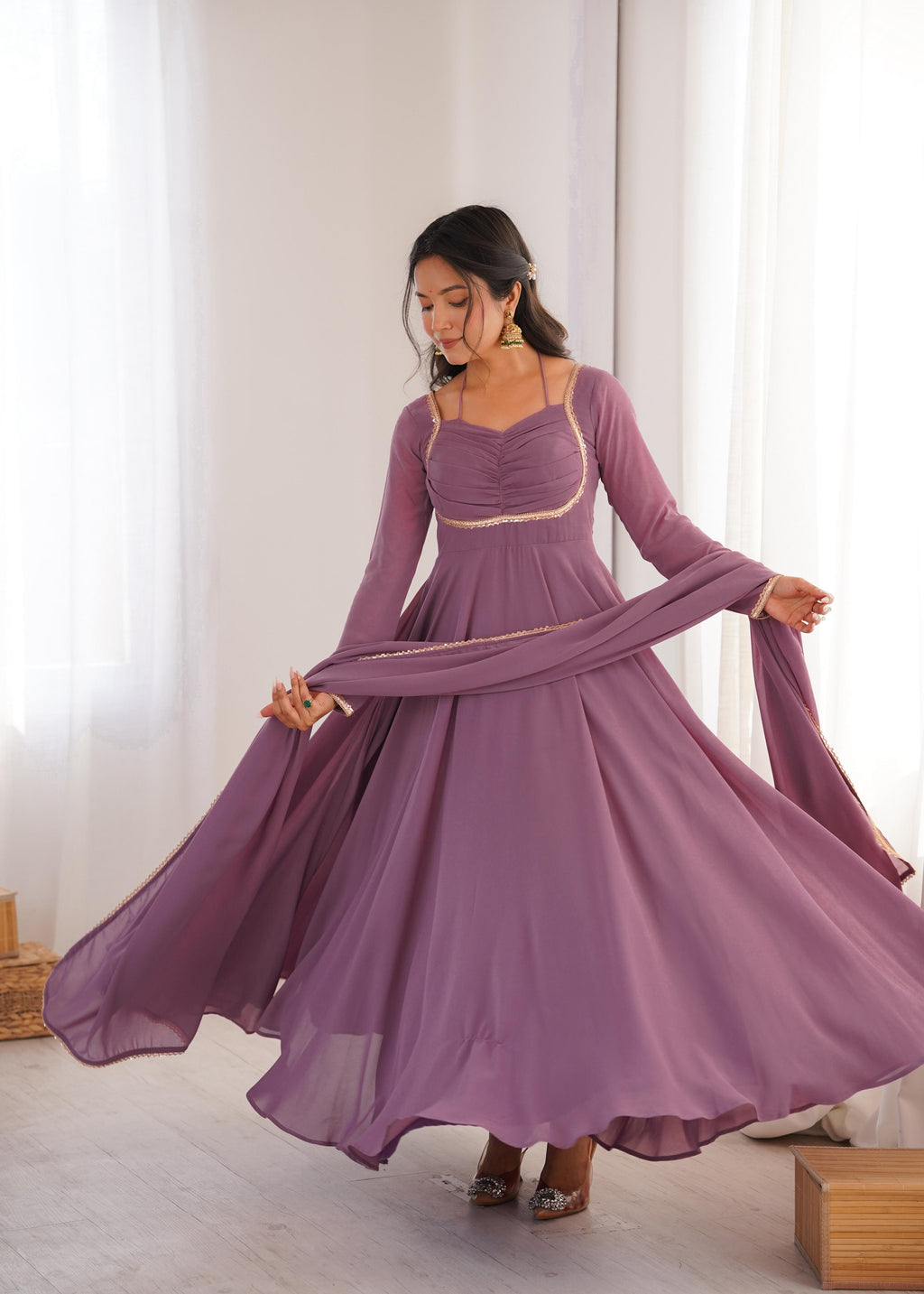 Mauve Pure Georgette Anarkali Dress with Dupatta for festive occasions