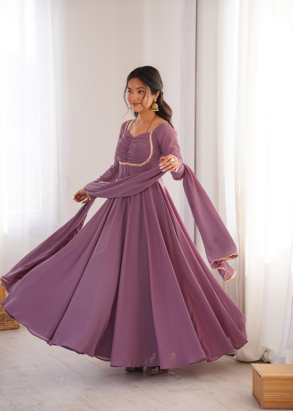 Mauve Pure Georgette Anarkali Dress with Dupatta for festive occasions