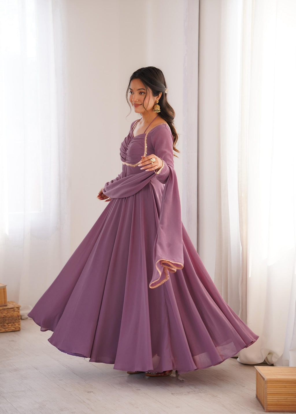 Mauve Pure Georgette Anarkali Dress with Dupatta for festive occasions