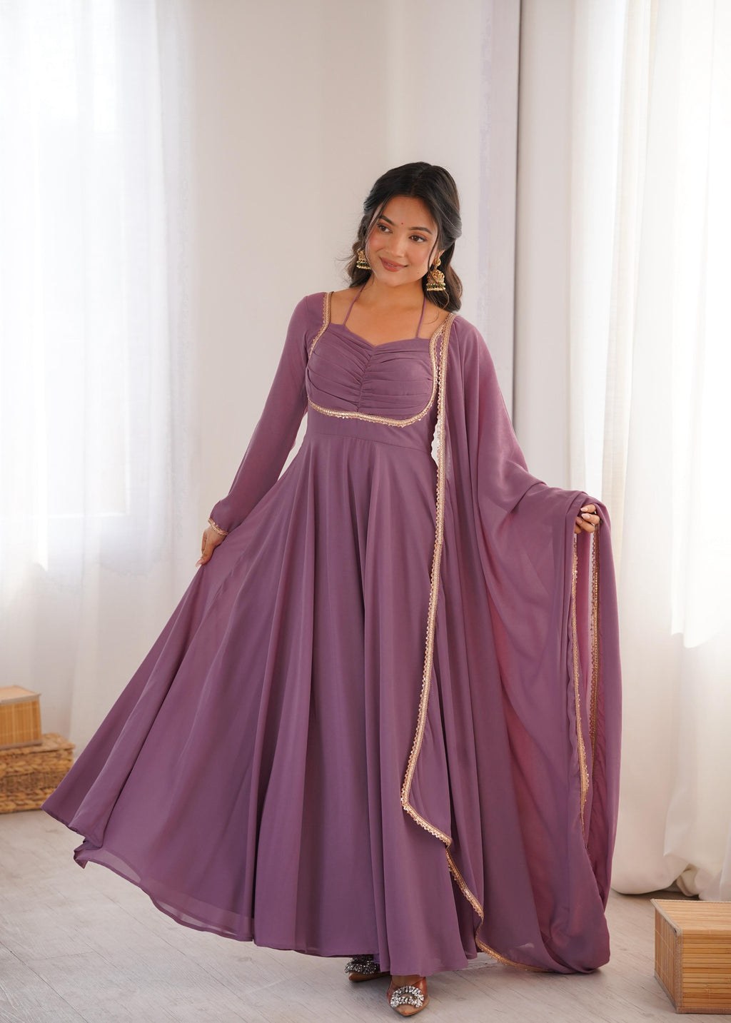 Mauve Pure Georgette Anarkali Dress with Dupatta for festive occasions