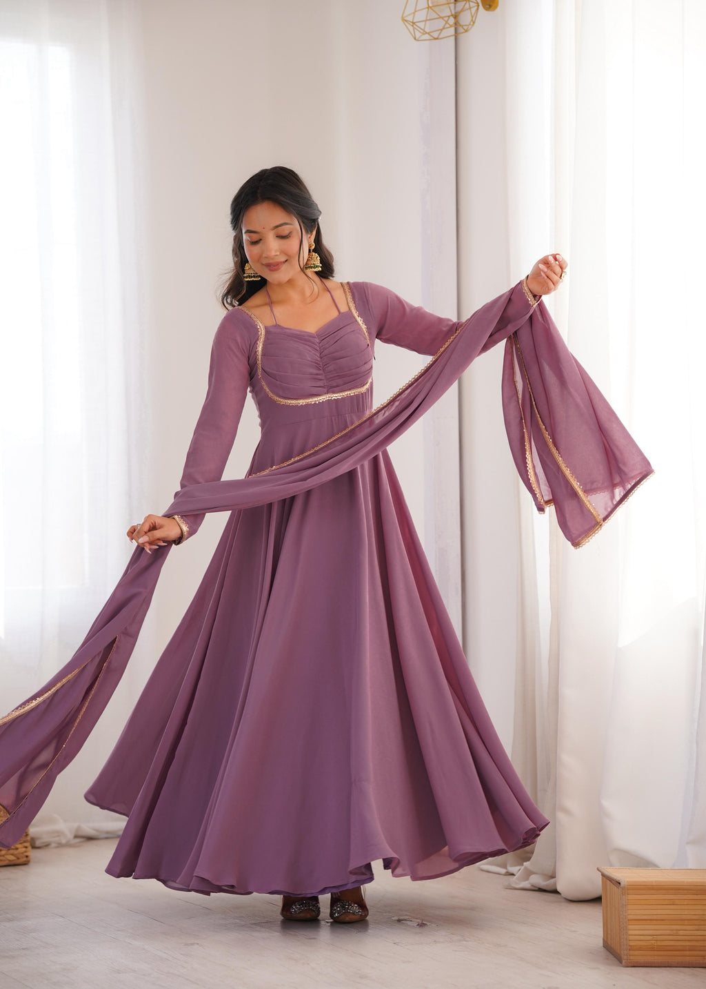 Mauve Pure Georgette Anarkali Dress with Dupatta for festive occasions