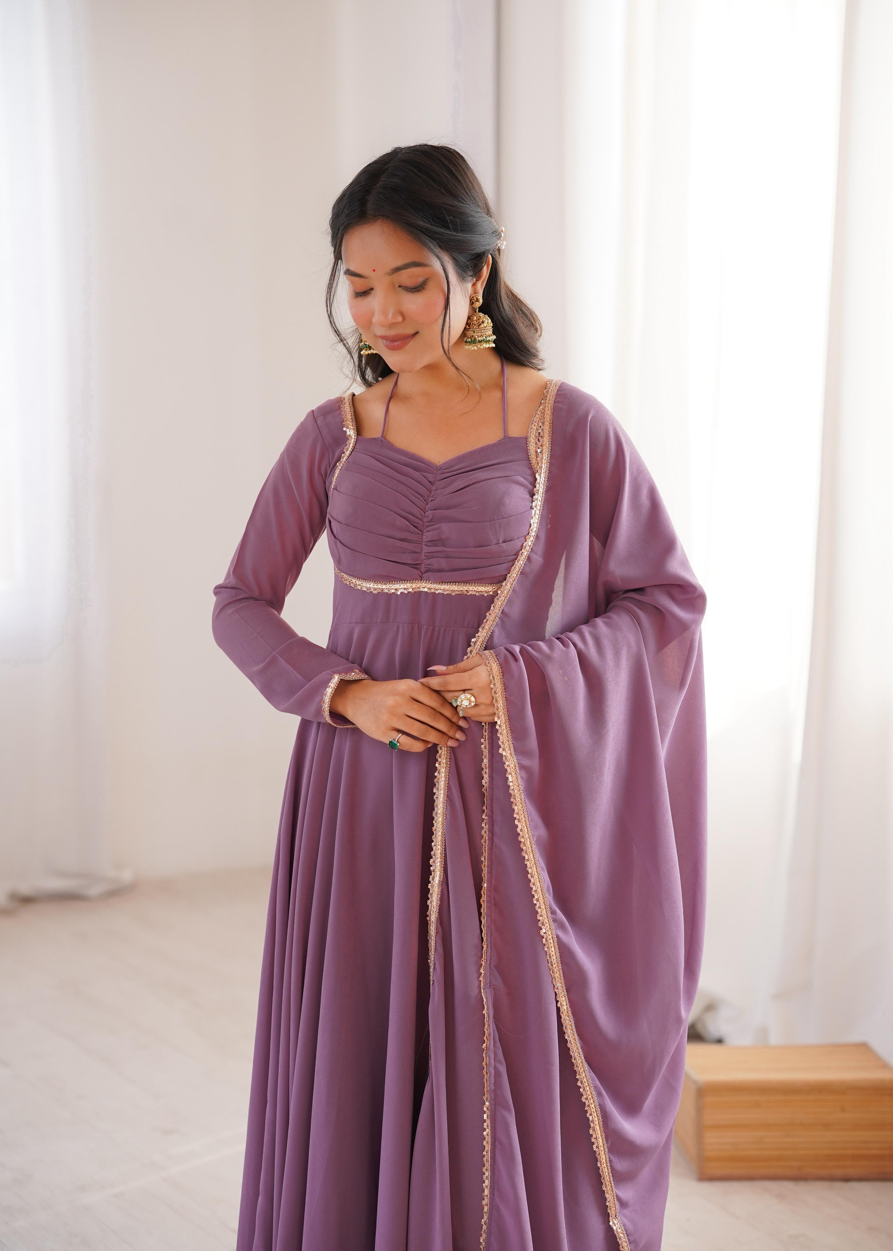 Mauve Pure Georgette Anarkali Dress with Dupatta for festive occasions