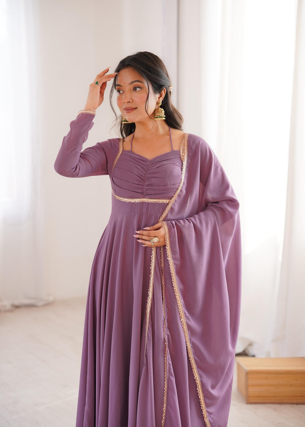 Mauve Pure Georgette Anarkali Dress with Dupatta for festive occasions