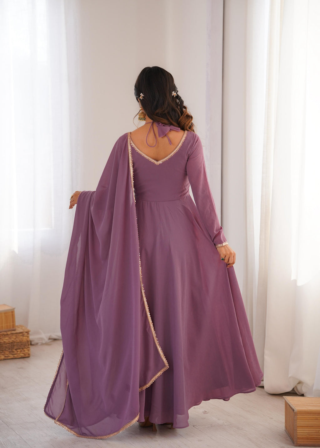 Mauve Pure Georgette Anarkali Dress with Dupatta for festive occasions