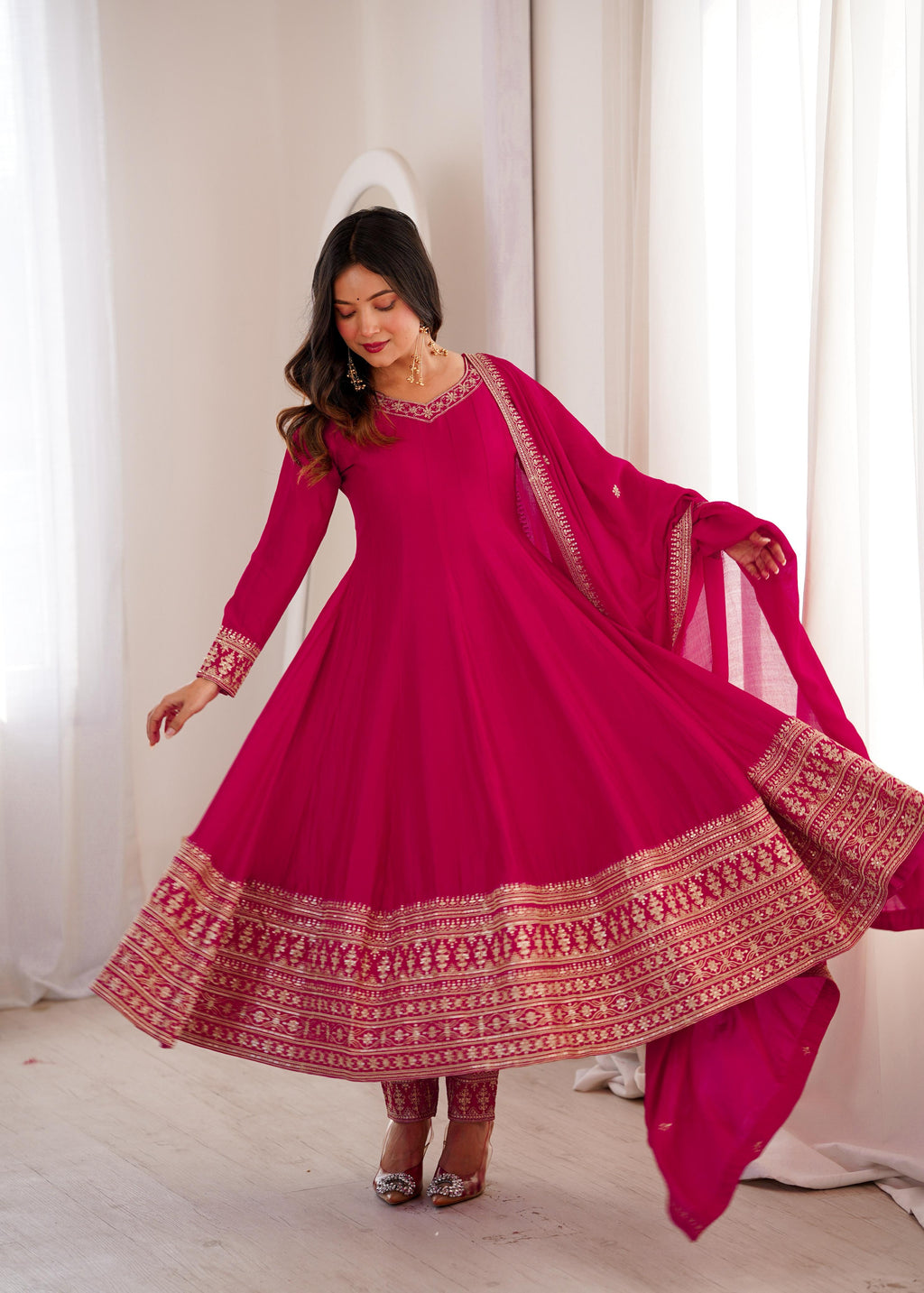 Pink Pure Blooming Vichitra Silk Anarkali Suit Set With Embroidery Work