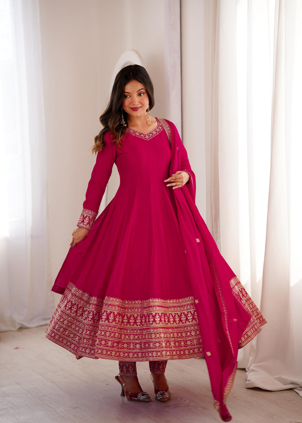 Pink Pure Blooming Vichitra Silk Anarkali Suit Set With Embroidery Work