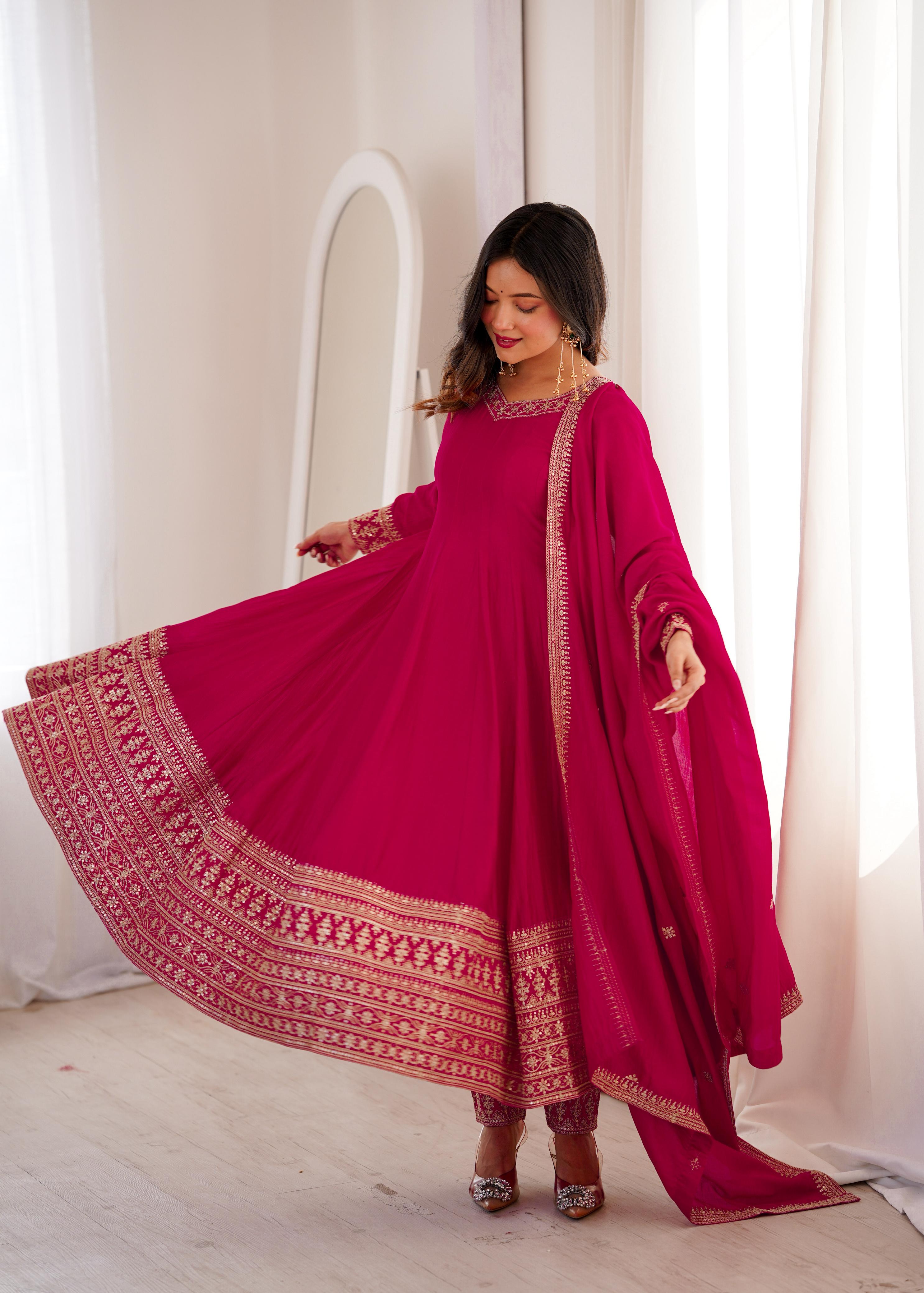 Pink Pure Blooming Vichitra Silk Anarkali Suit Set With Embroidery Work