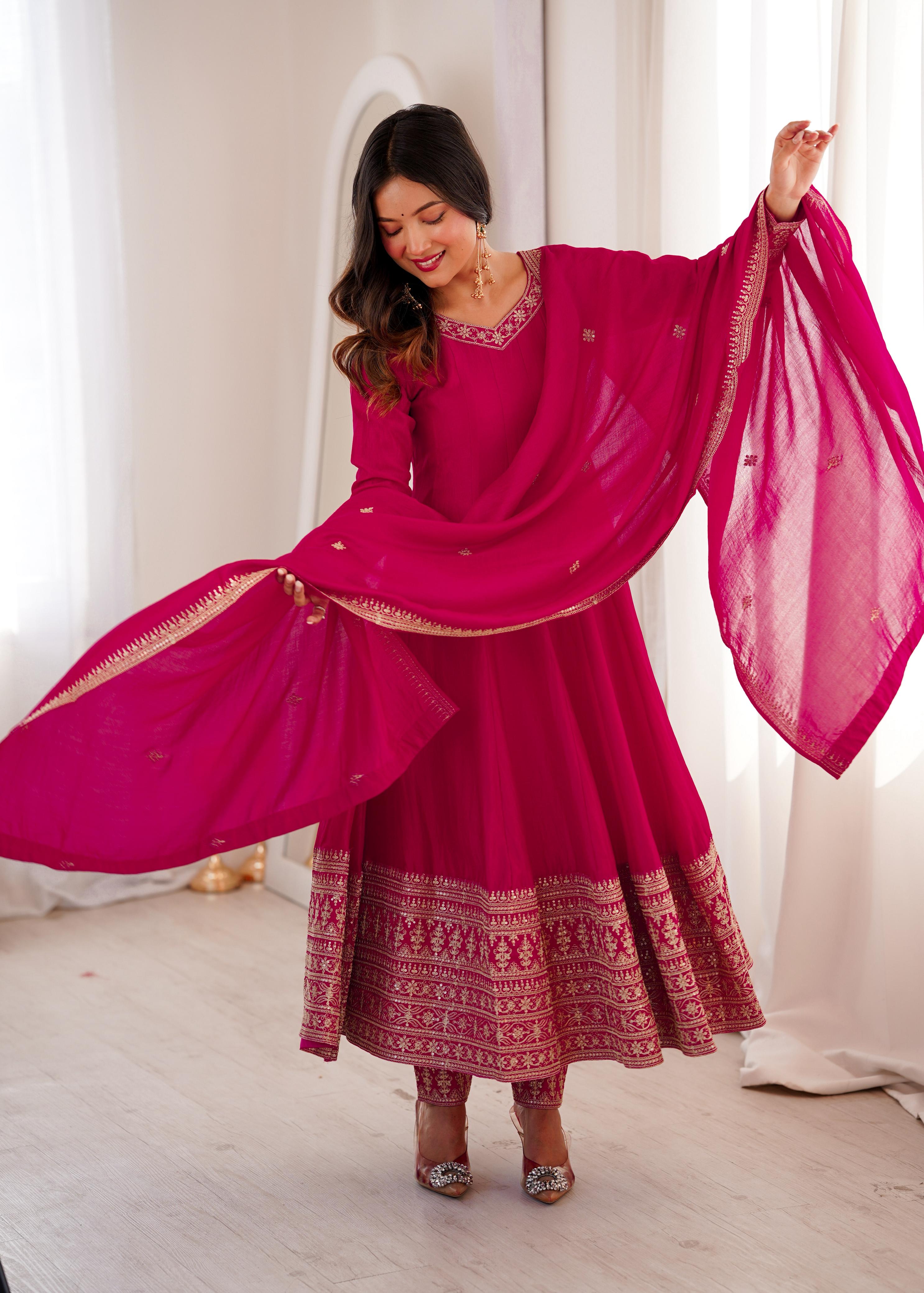 Pink Pure Blooming Vichitra Silk Anarkali Suit Set With Embroidery Work