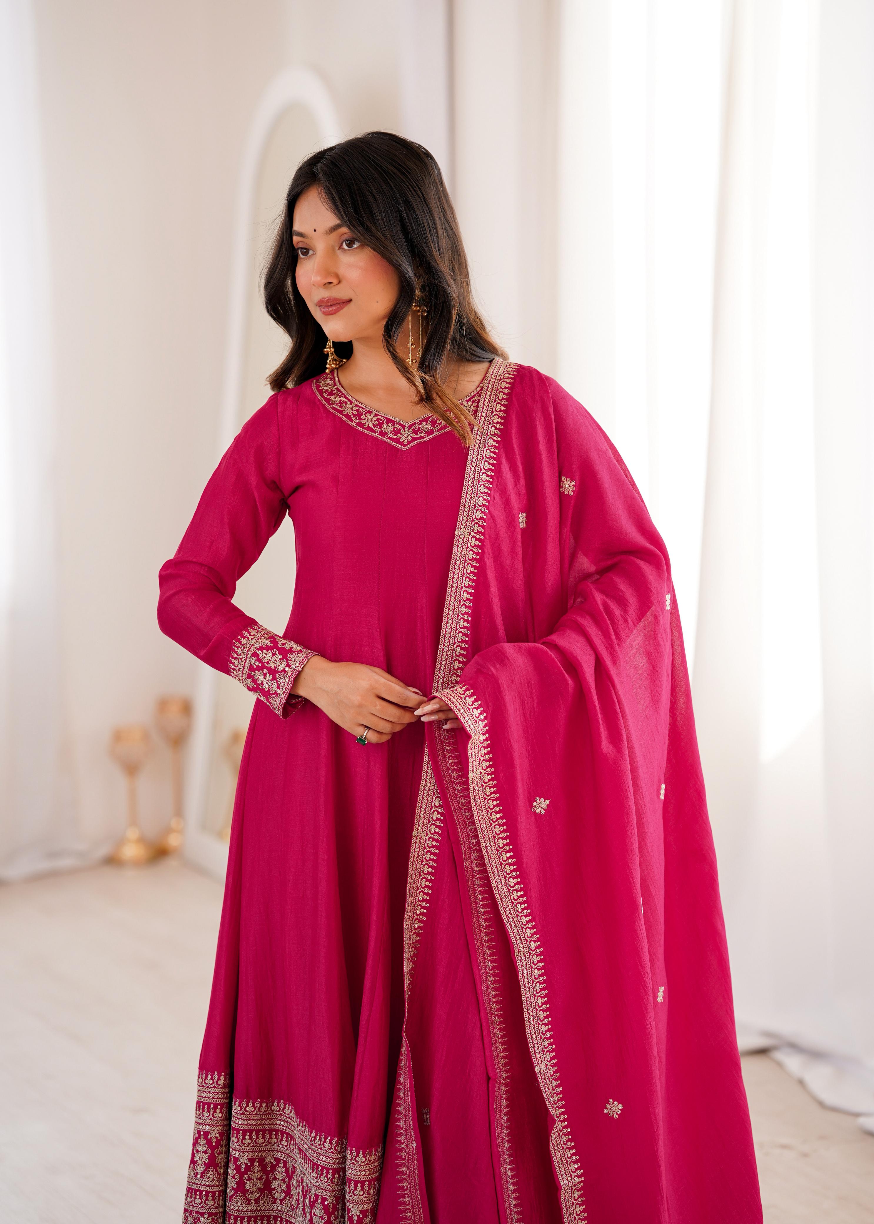 Pink Pure Blooming Vichitra Silk Anarkali Suit Set With Embroidery Work