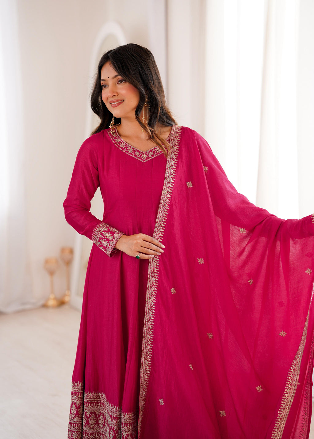 Pink Pure Blooming Vichitra Silk Anarkali Suit Set With Embroidery Work