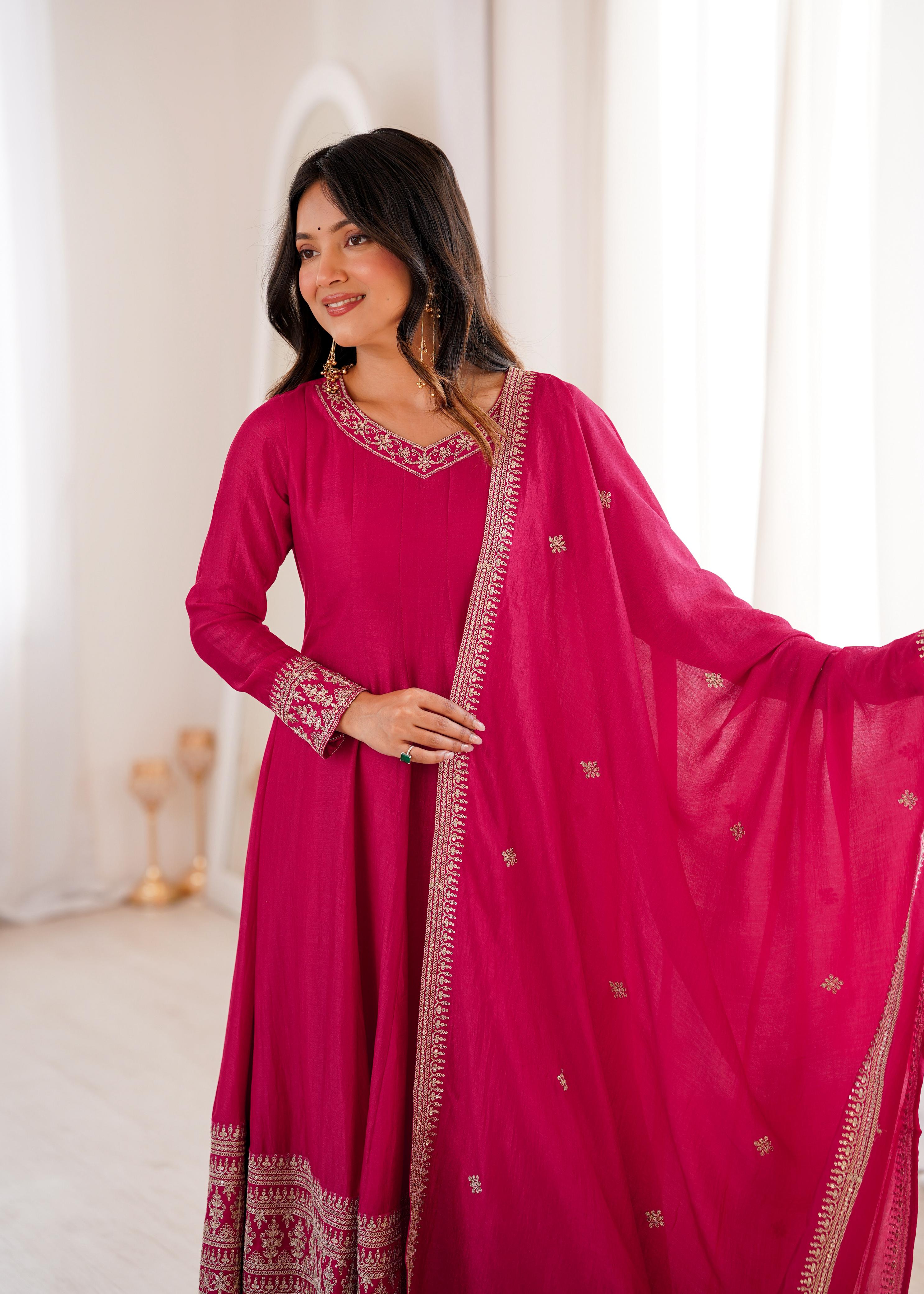 Pink Pure Blooming Vichitra Silk Anarkali Suit Set With Embroidery Work