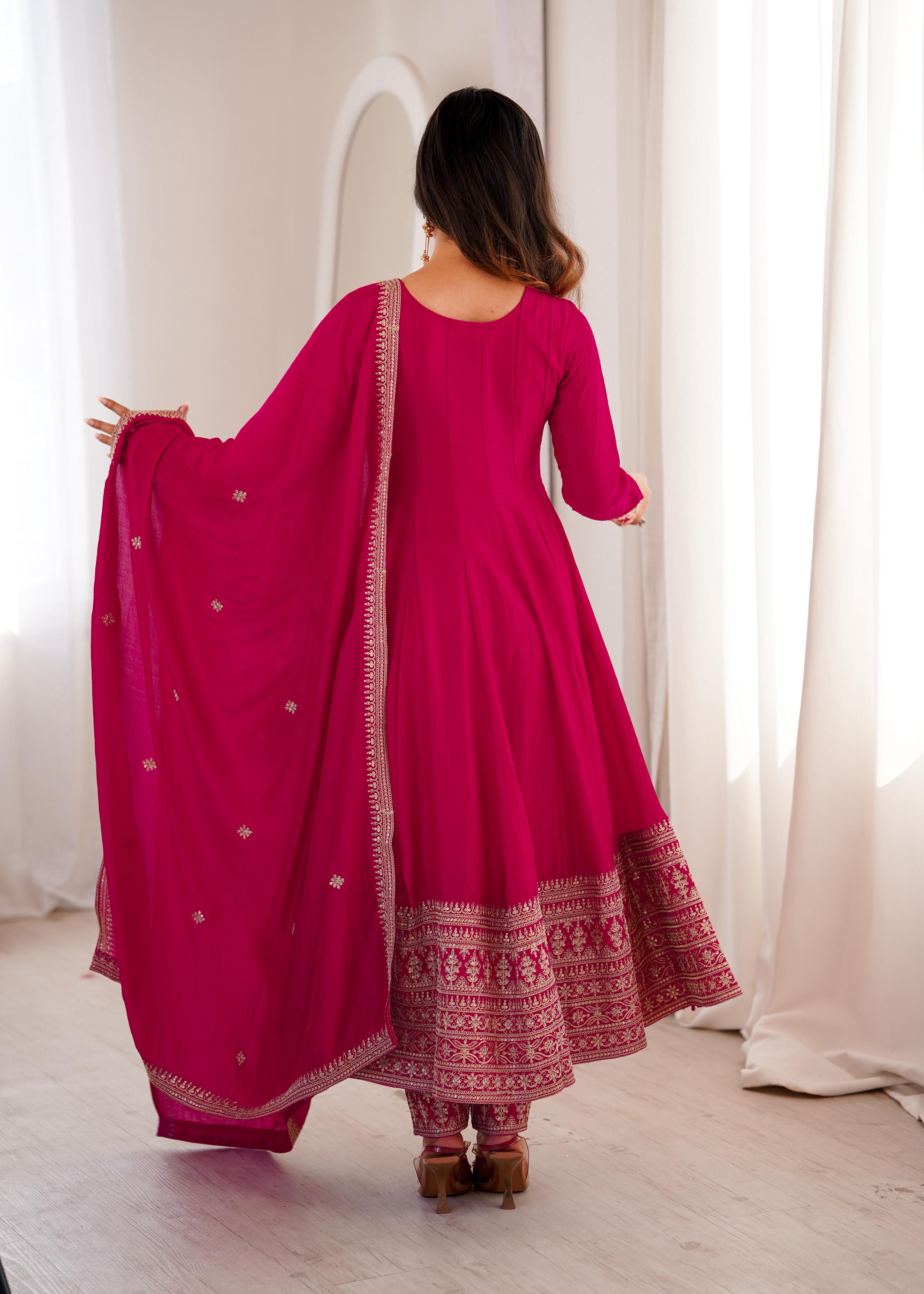 Pink Pure Blooming Vichitra Silk Anarkali Suit Set With Embroidery Work