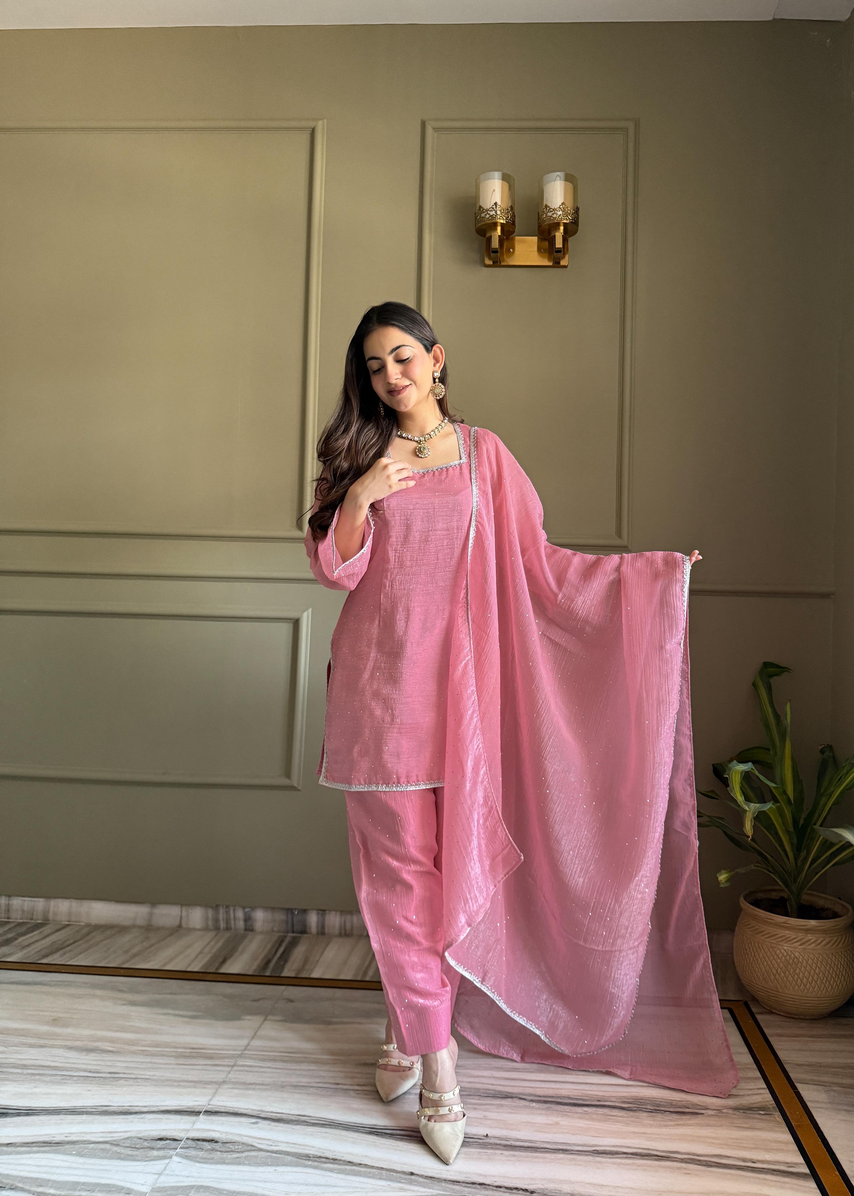 Pink Silk Kurta Suit Set with Siroski work for festive occasions