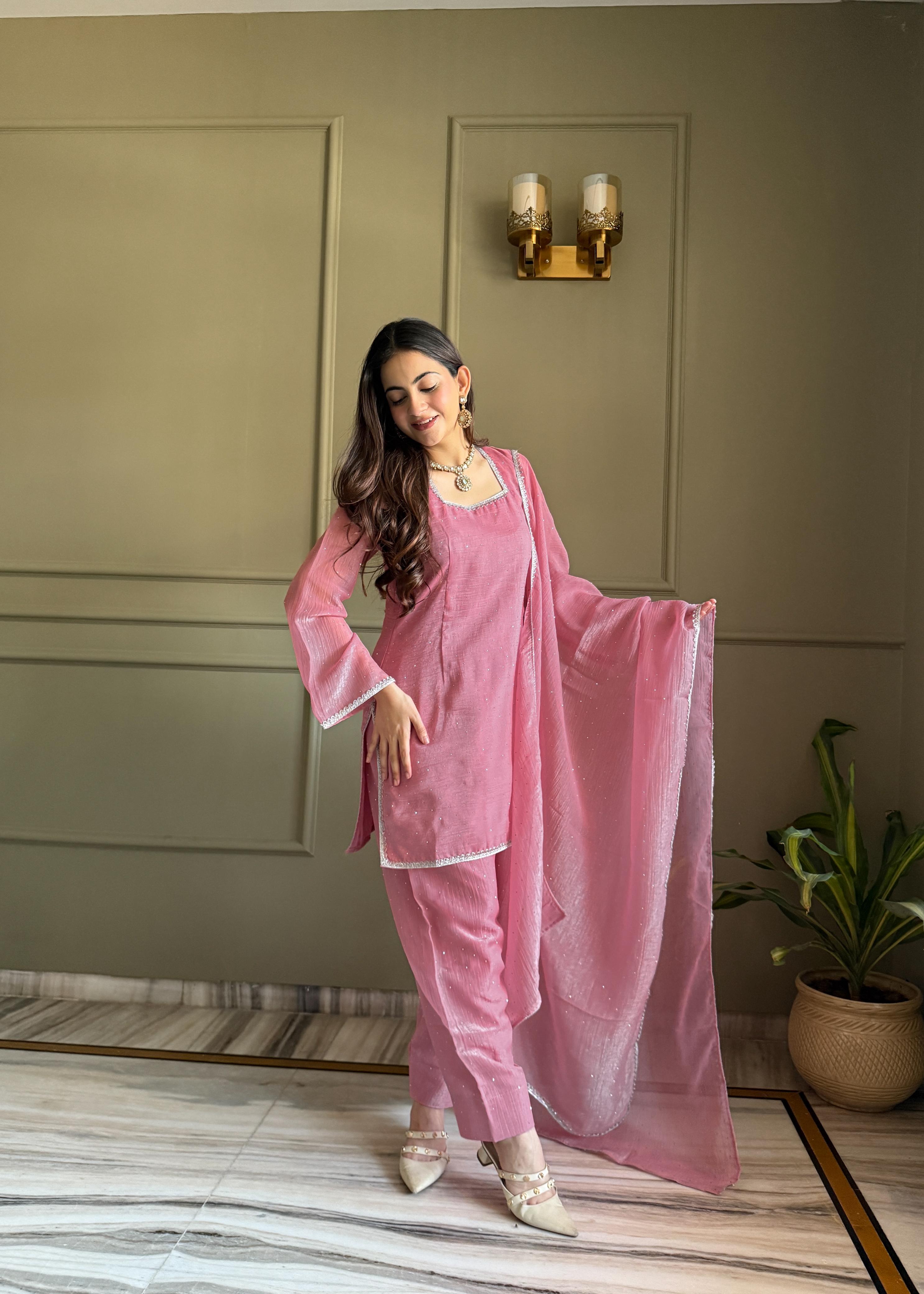 Pink Silk Kurta Suit Set with Siroski work for festive occasions