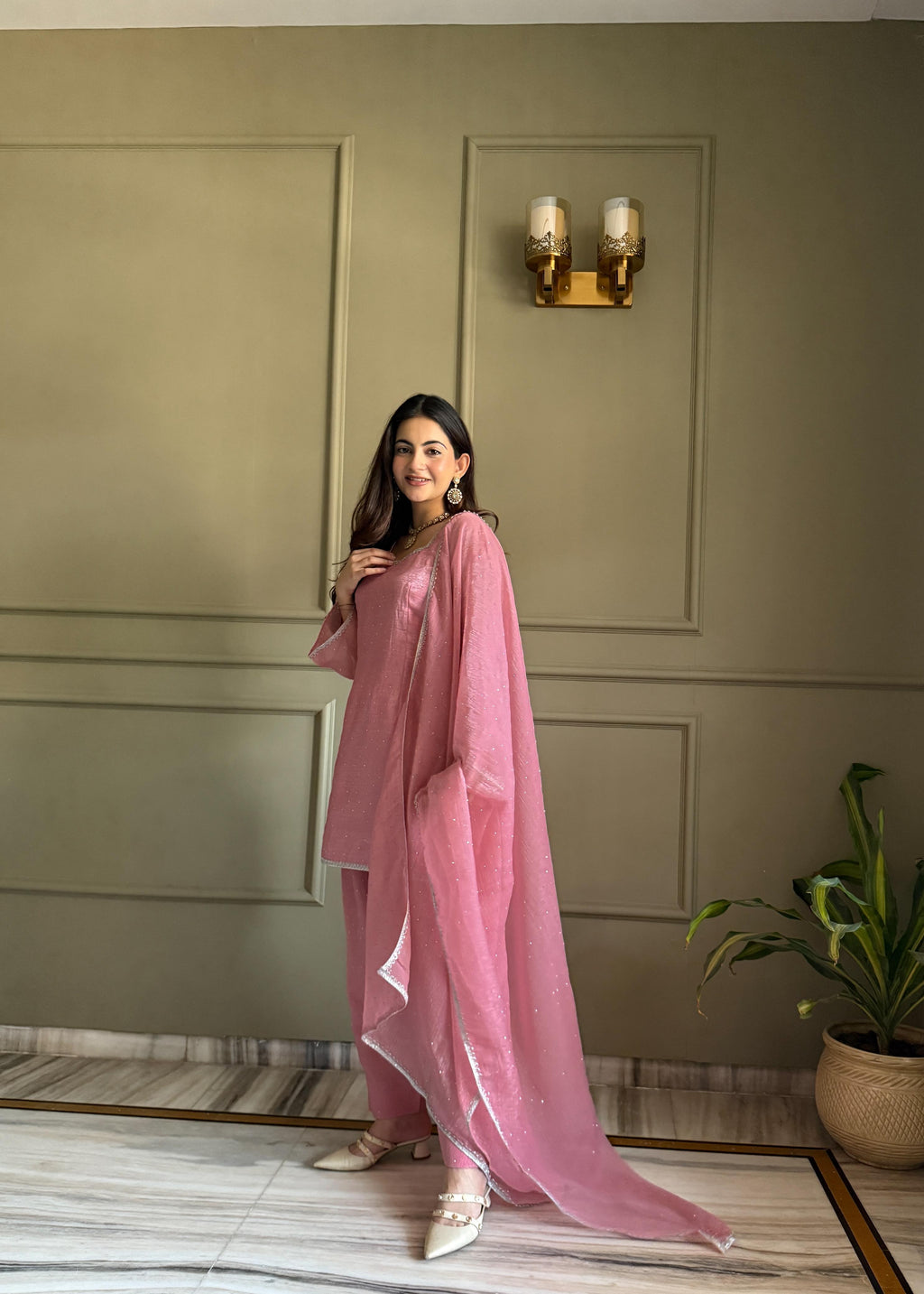 Pink Silk Kurta Suit Set with Siroski work for festive occasions