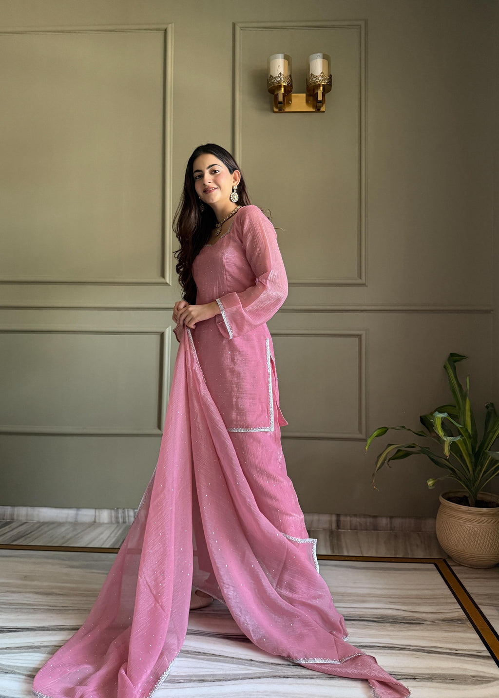 Pink Silk Kurta Suit Set with Siroski work for festive occasions