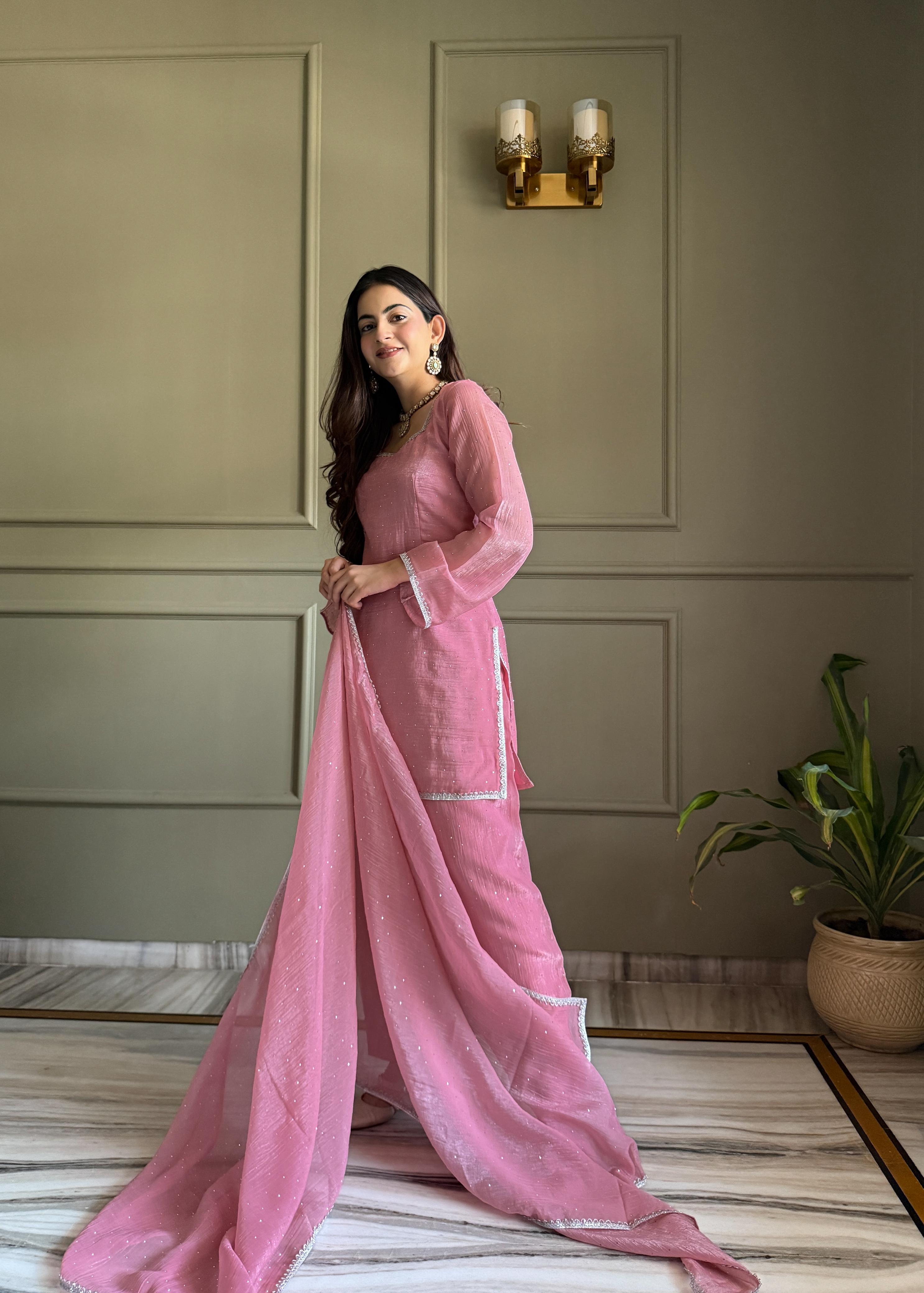 Pink Silk Kurta Suit Set with Siroski work for festive occasions
