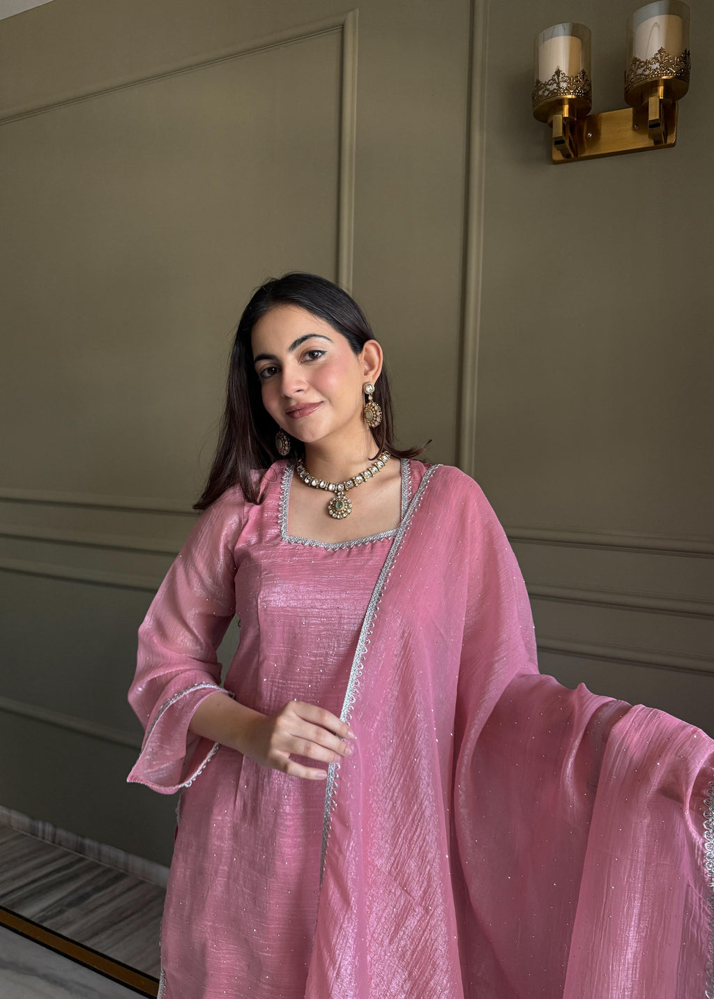 Pink Silk Kurta Suit Set with Siroski work for festive occasions