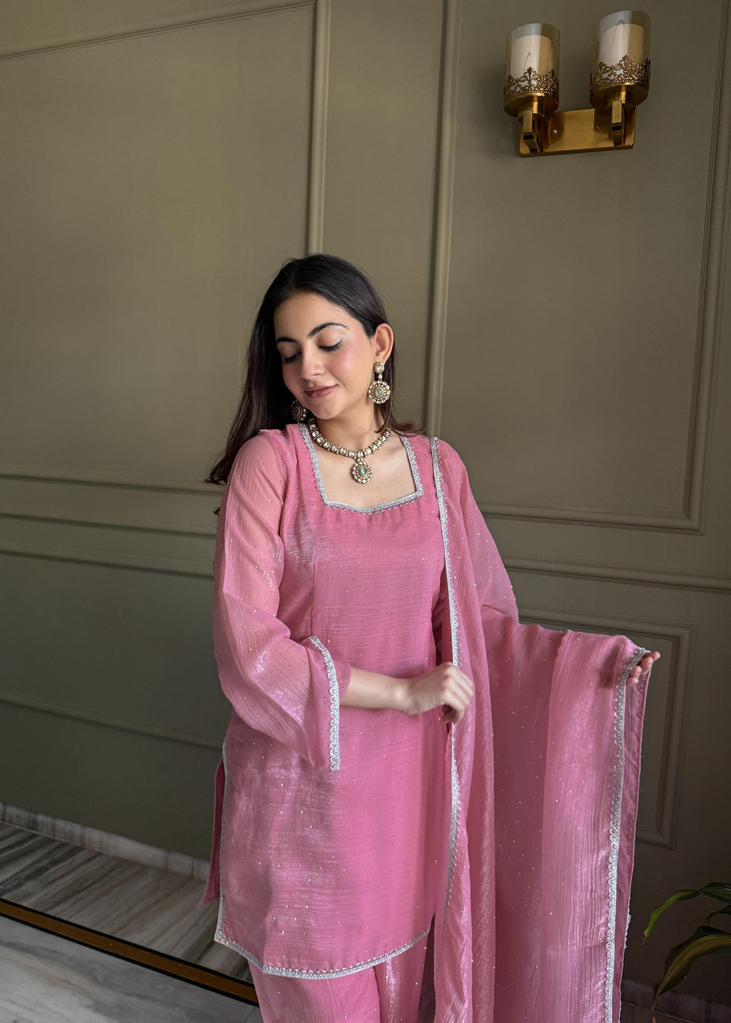 Pink Silk Kurta Suit Set with Siroski work for festive occasions