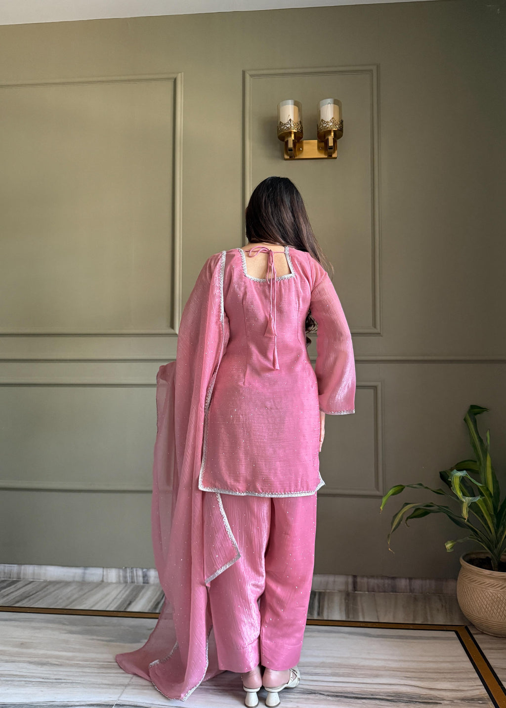 Pink Silk Kurta Suit Set with Siroski work for festive occasions