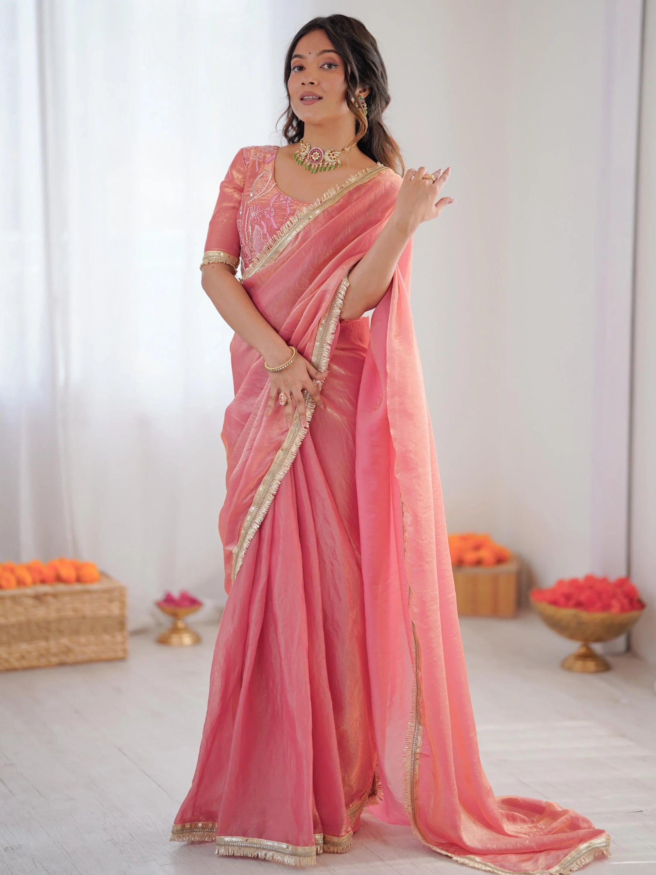 Peach Outstanding Lace Border Party Wear Ready To Wear Saree With Blouse